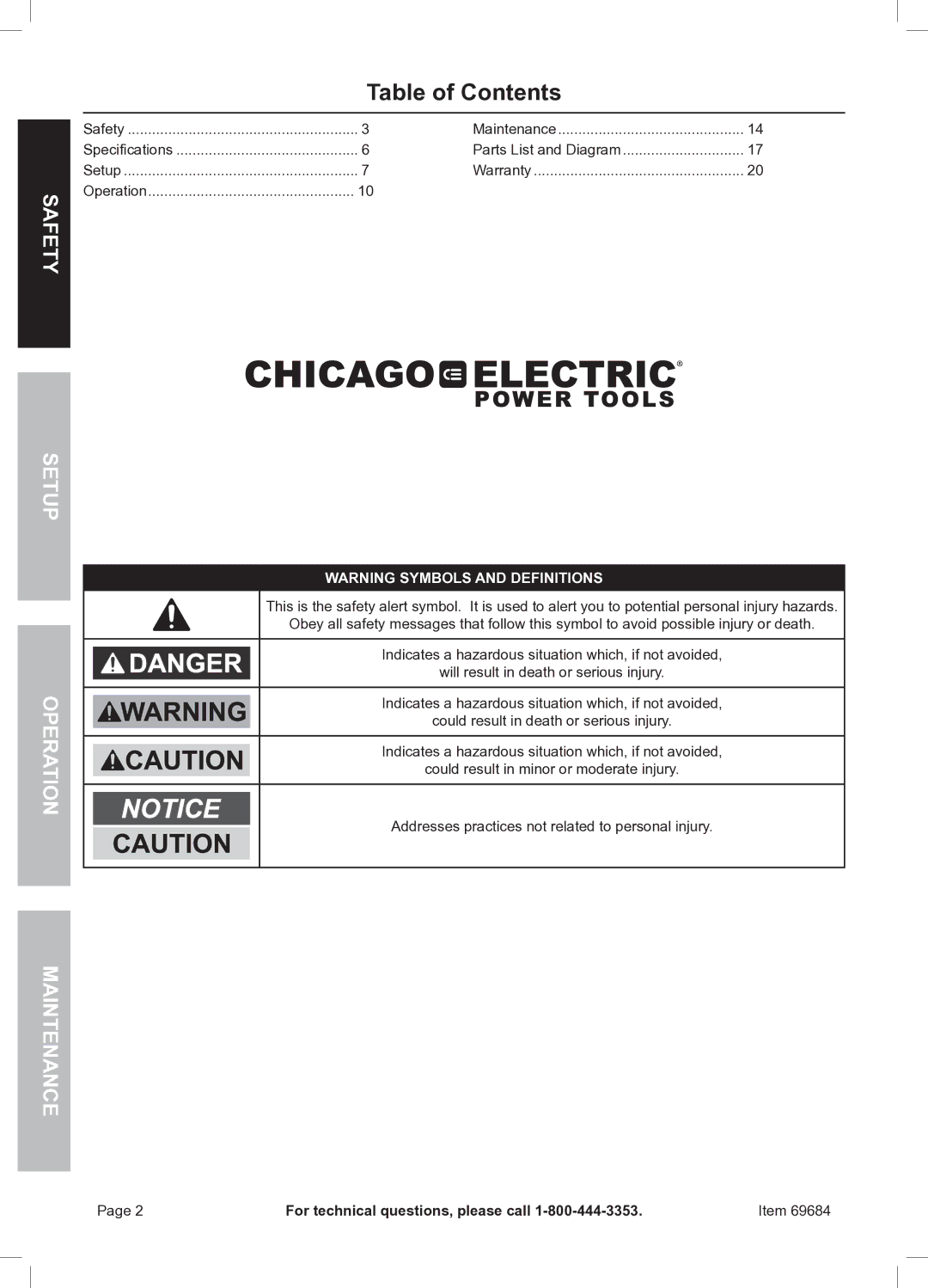 Chicago Electric 69684 owner manual Table of Contents 