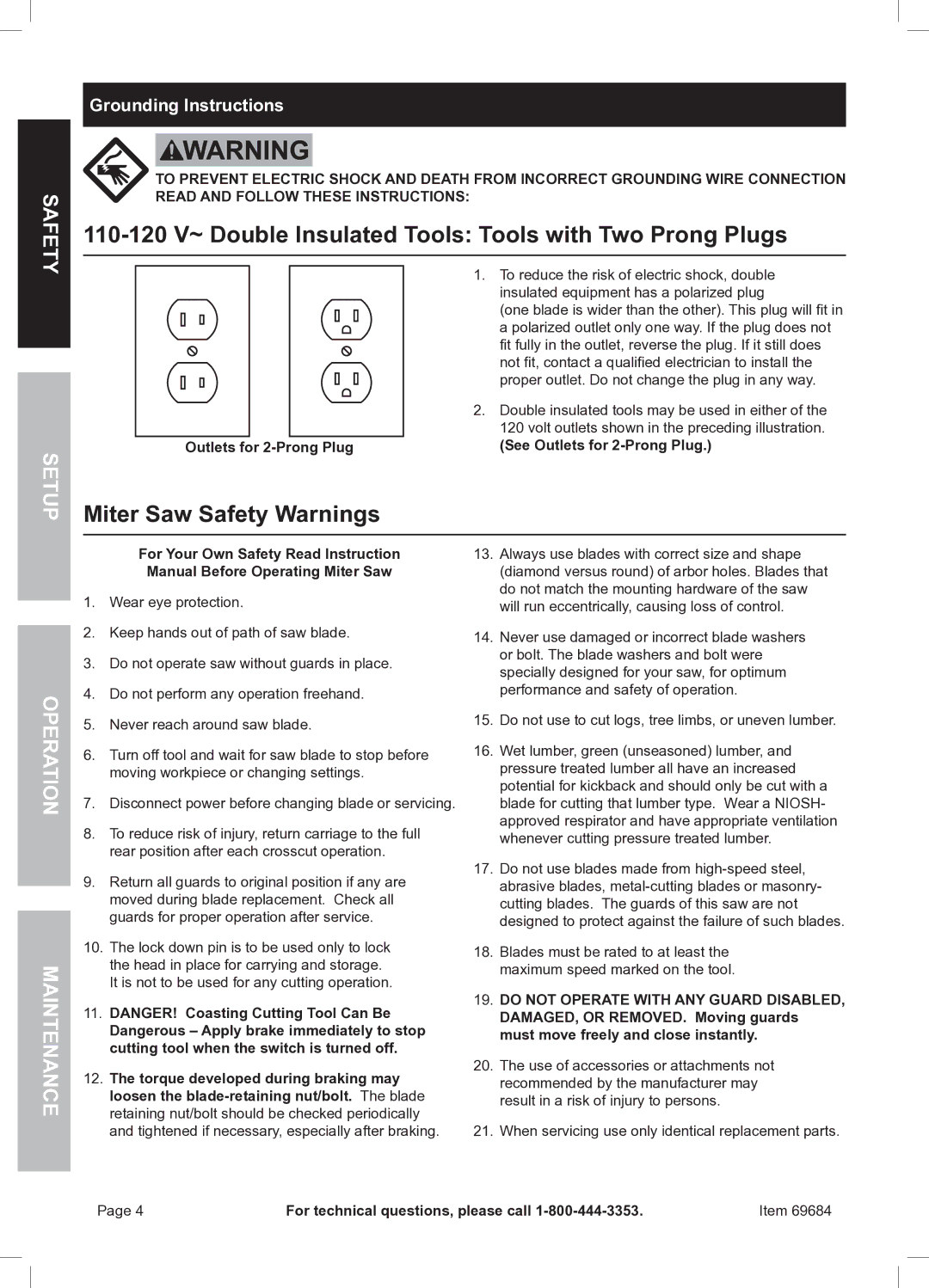 Chicago Electric 69684 owner manual Miter Saw Safety Warnings, Grounding Instructions, Outlets for 2-Prong Plug 