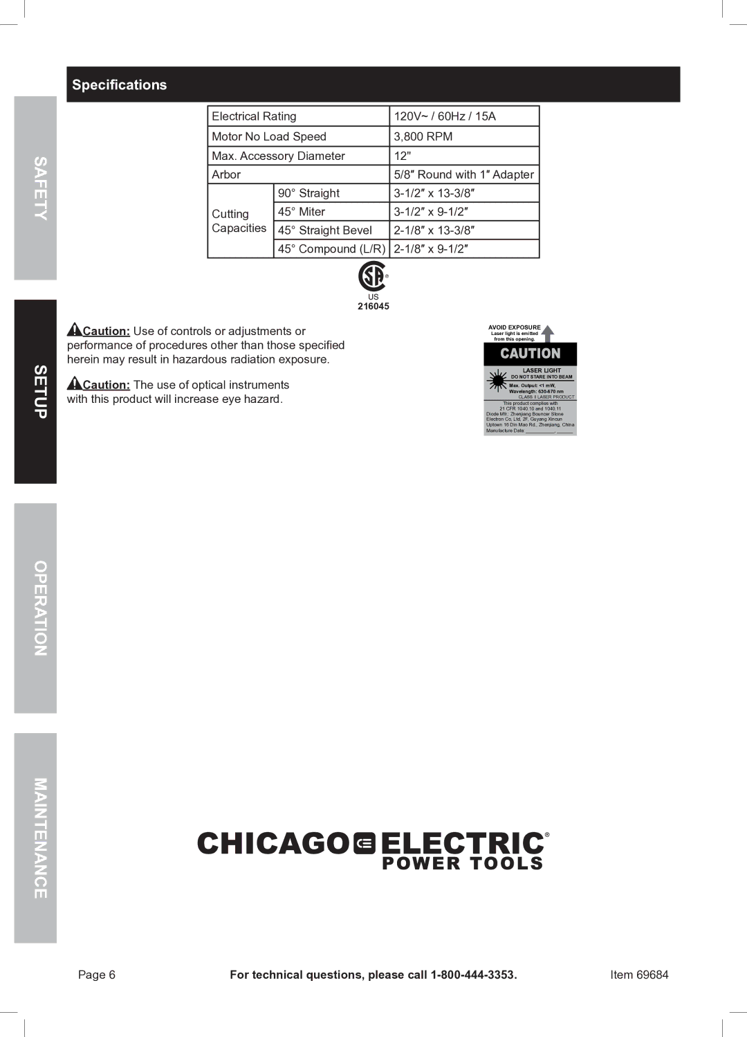 Chicago Electric 69684 owner manual Specifications, 216045 