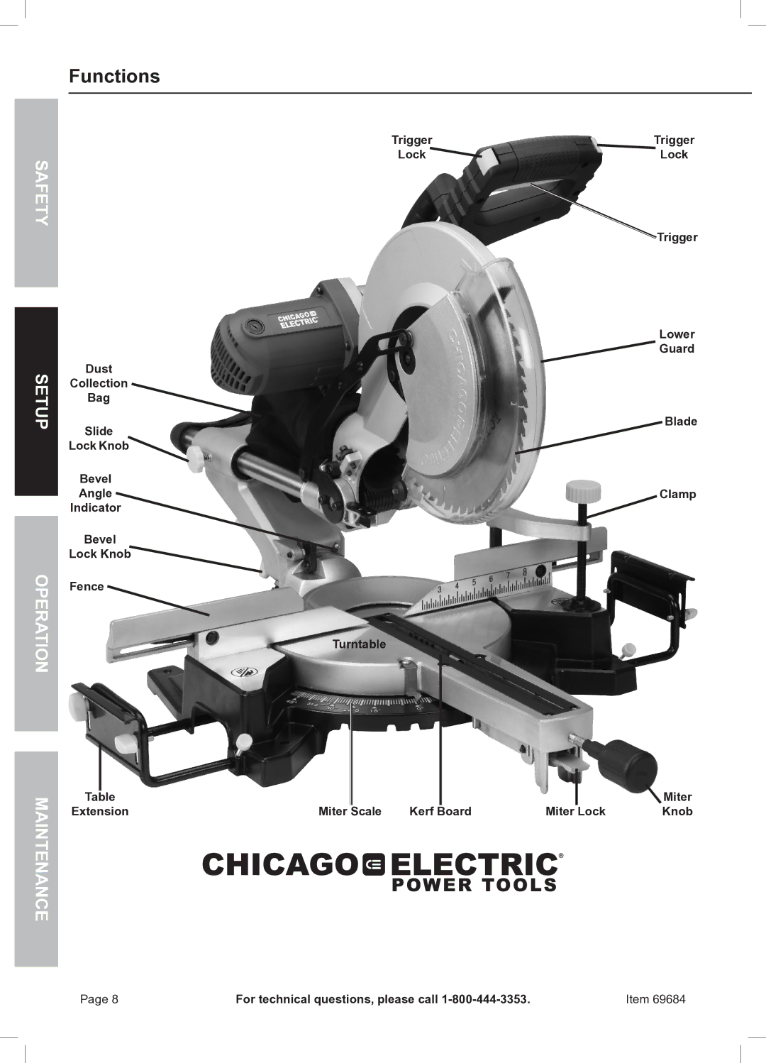 Chicago Electric 69684 owner manual Functions, Lock Trigger Lower Guard Blade Clamp Turntable, Miter 