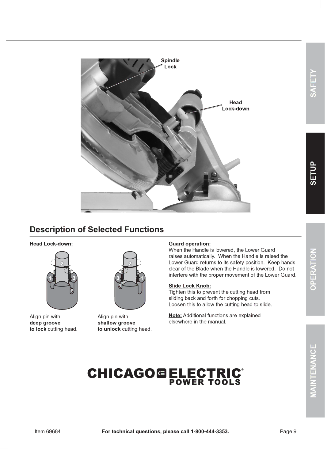 Chicago Electric 69684 owner manual Description of Selected Functions, Head Lock-down 