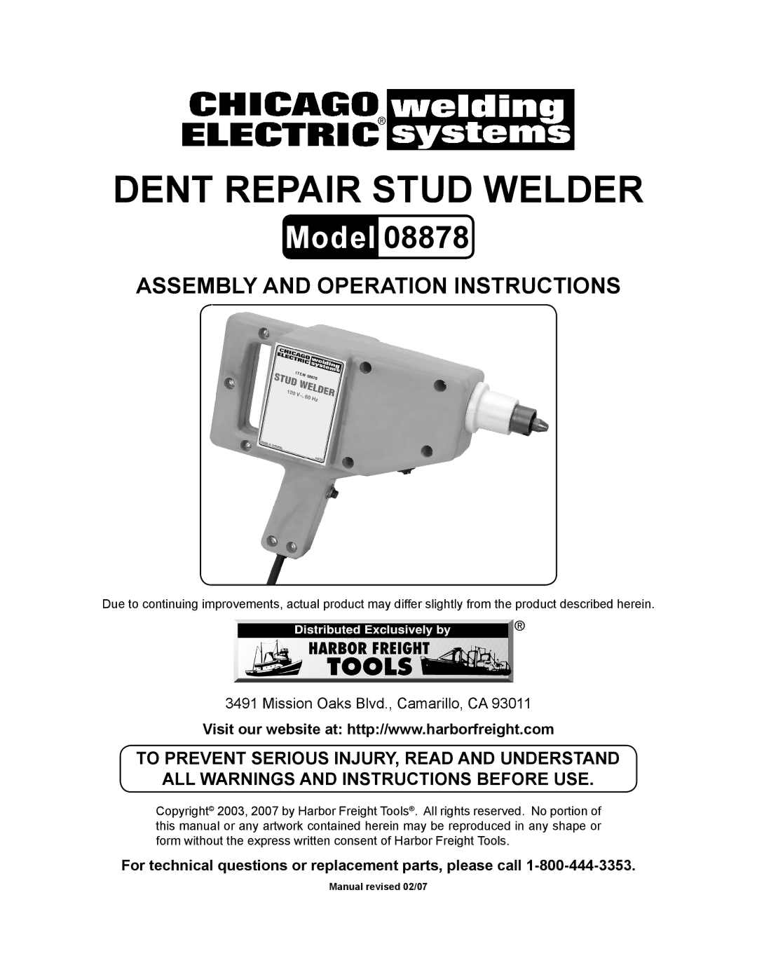 Chicago Electric 8878 manual Dent Repair Stud Welder, For technical questions or replacement parts, please call 