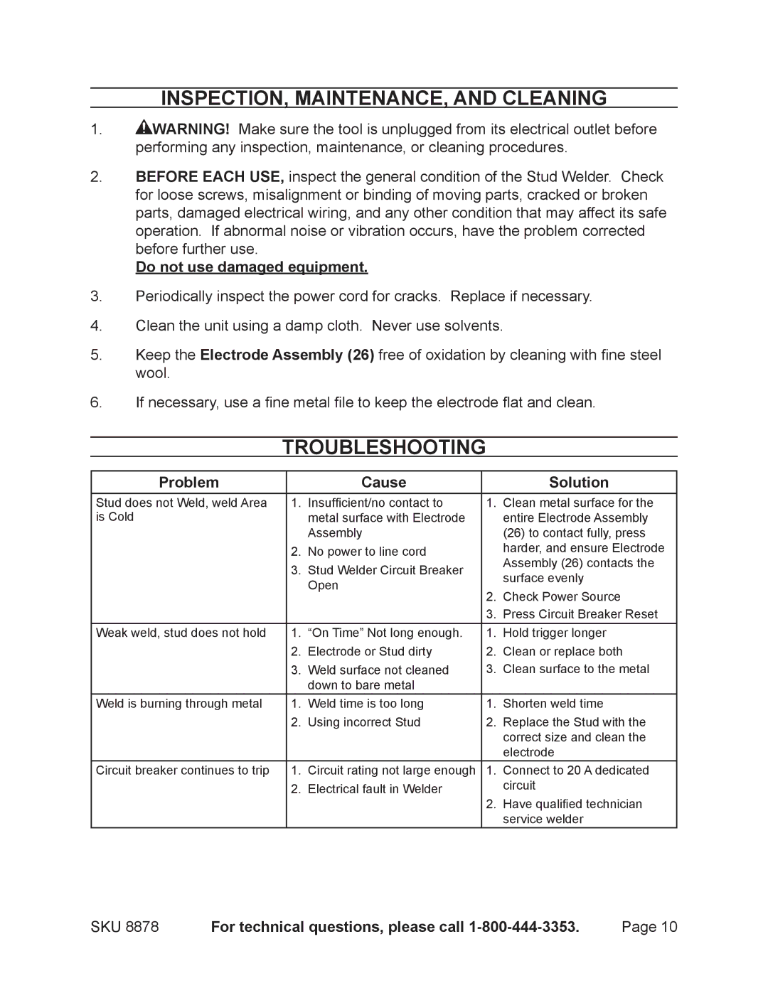 Chicago Electric 8878 manual INSPECTION, MAINTENANCE, and Cleaning, Troubleshooting, Do not use damaged equipment 