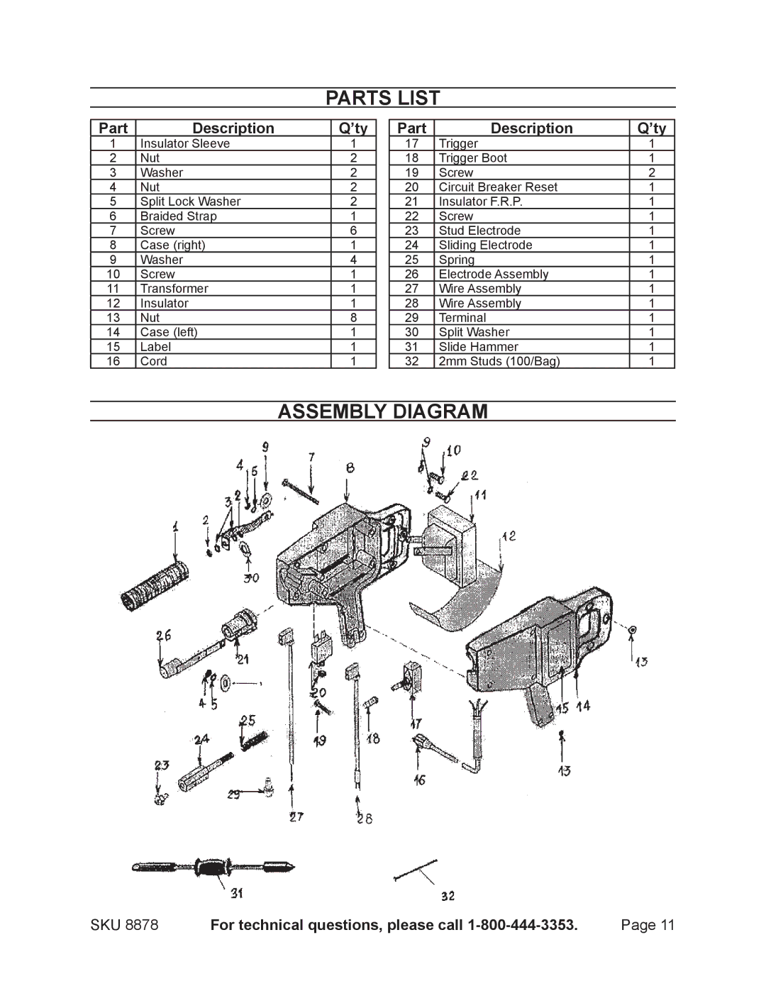 Chicago Electric 8878 manual Parts List, Assembly Diagram, Part Description ’ty 