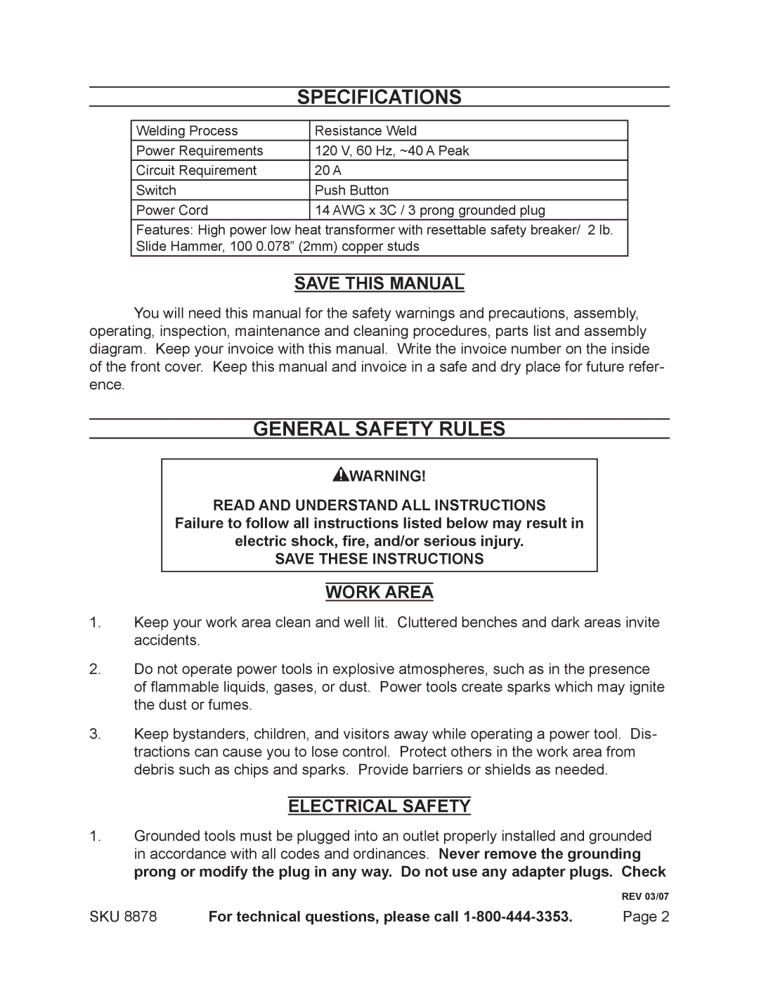 Chicago Electric 8878 manual Specifications, General Safety Rules, Save this Manual, Work Area, Electrical Safety 