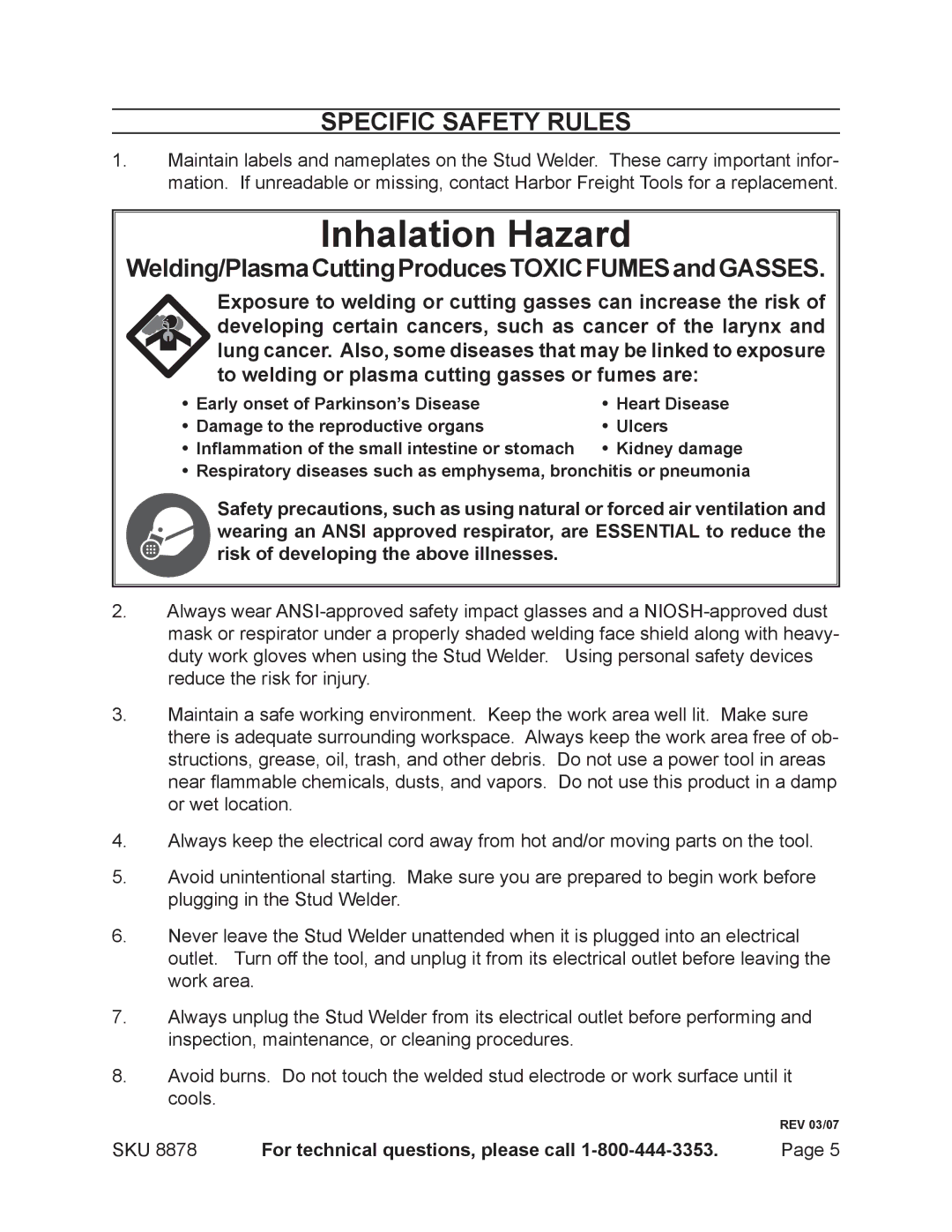 Chicago Electric 8878 manual Specific Safety Rules, Welding/PlasmaCuttingProducestoxicfumesandgasses 