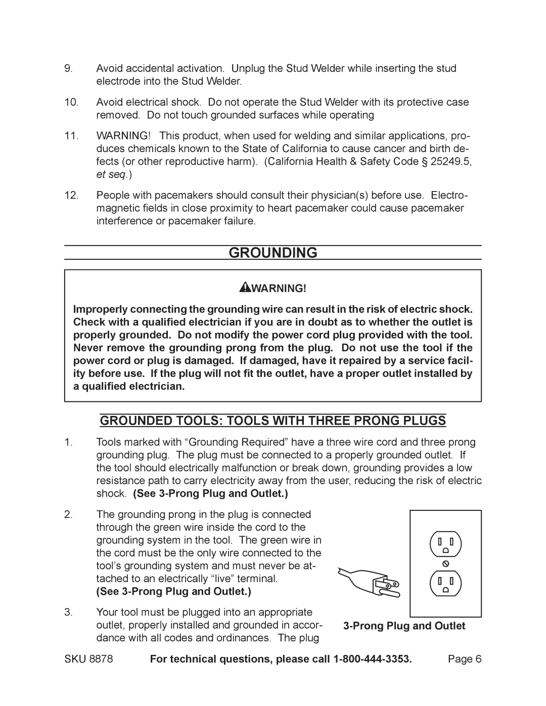 Chicago Electric 8878 manual Grounding, Grounded Tools Tools With Three Prong Plugs, See 3-Prong Plug and Outlet 