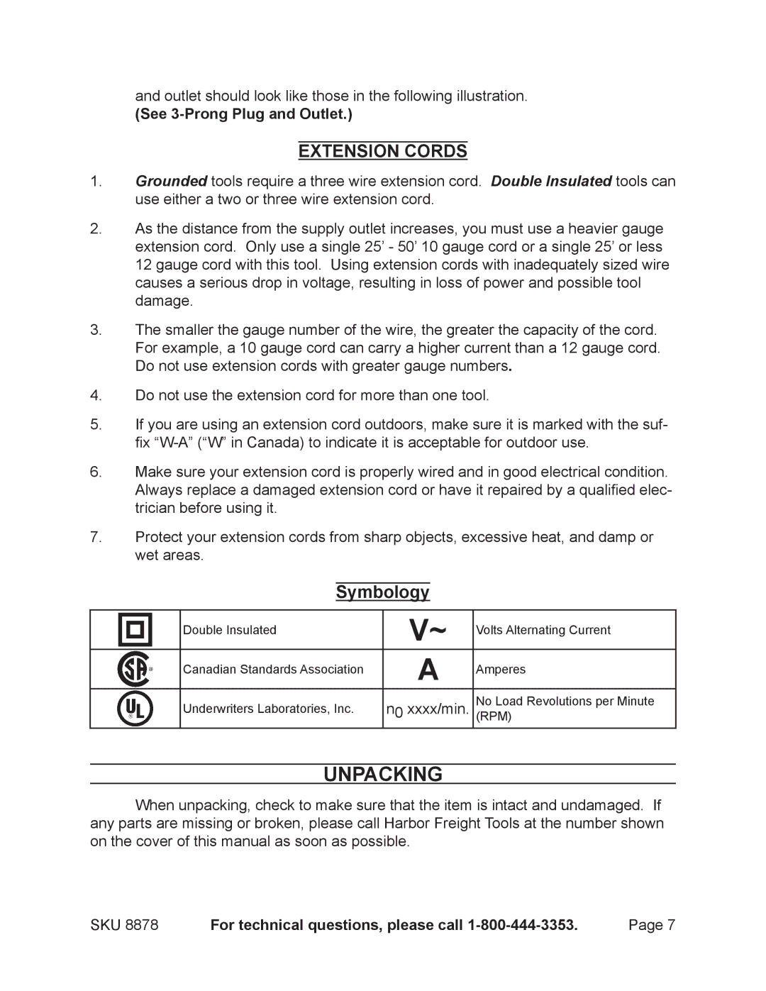 Chicago Electric 8878 manual Unpacking, Extension Cords, Symbology 