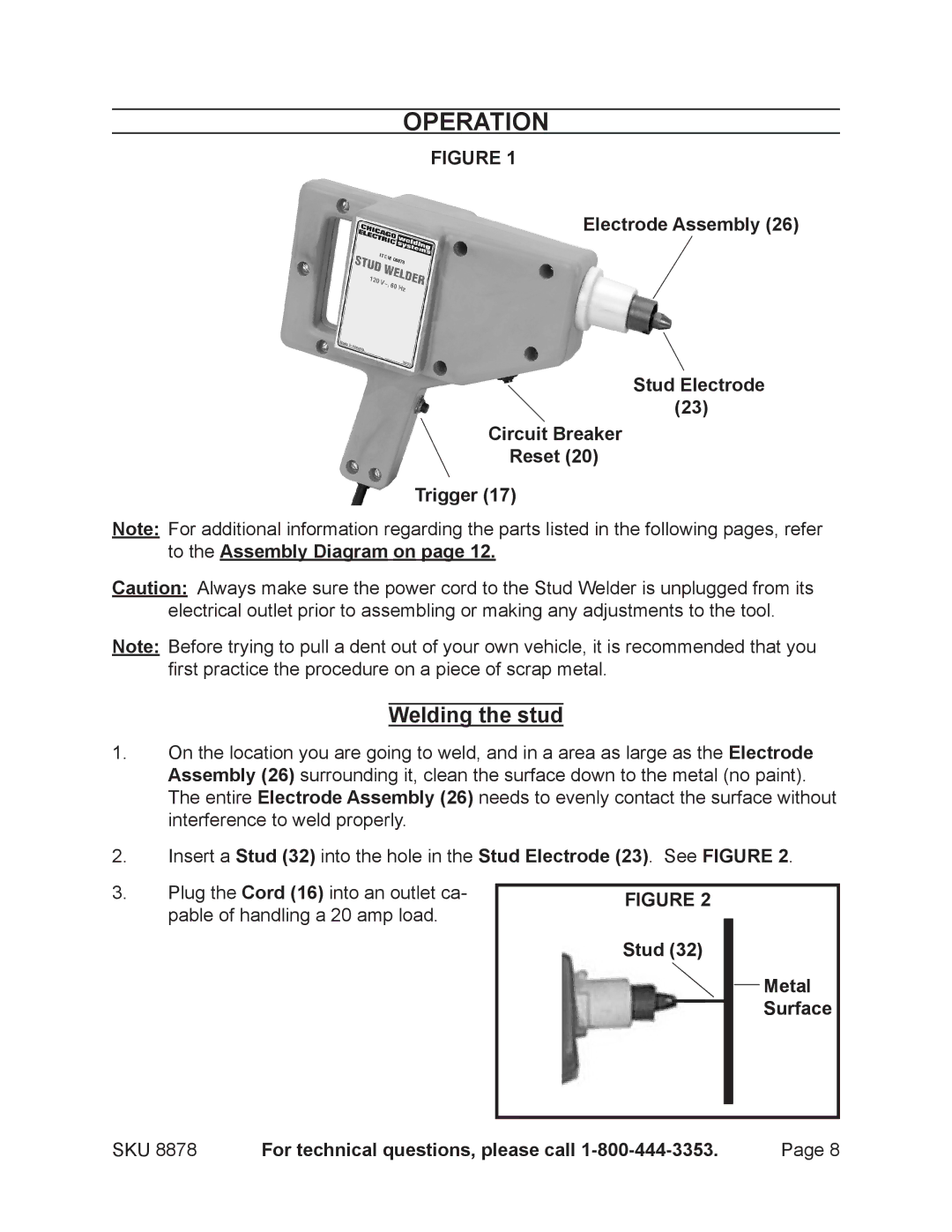 Chicago Electric 8878 manual Operation, Welding the stud, Stud Metal Surface 