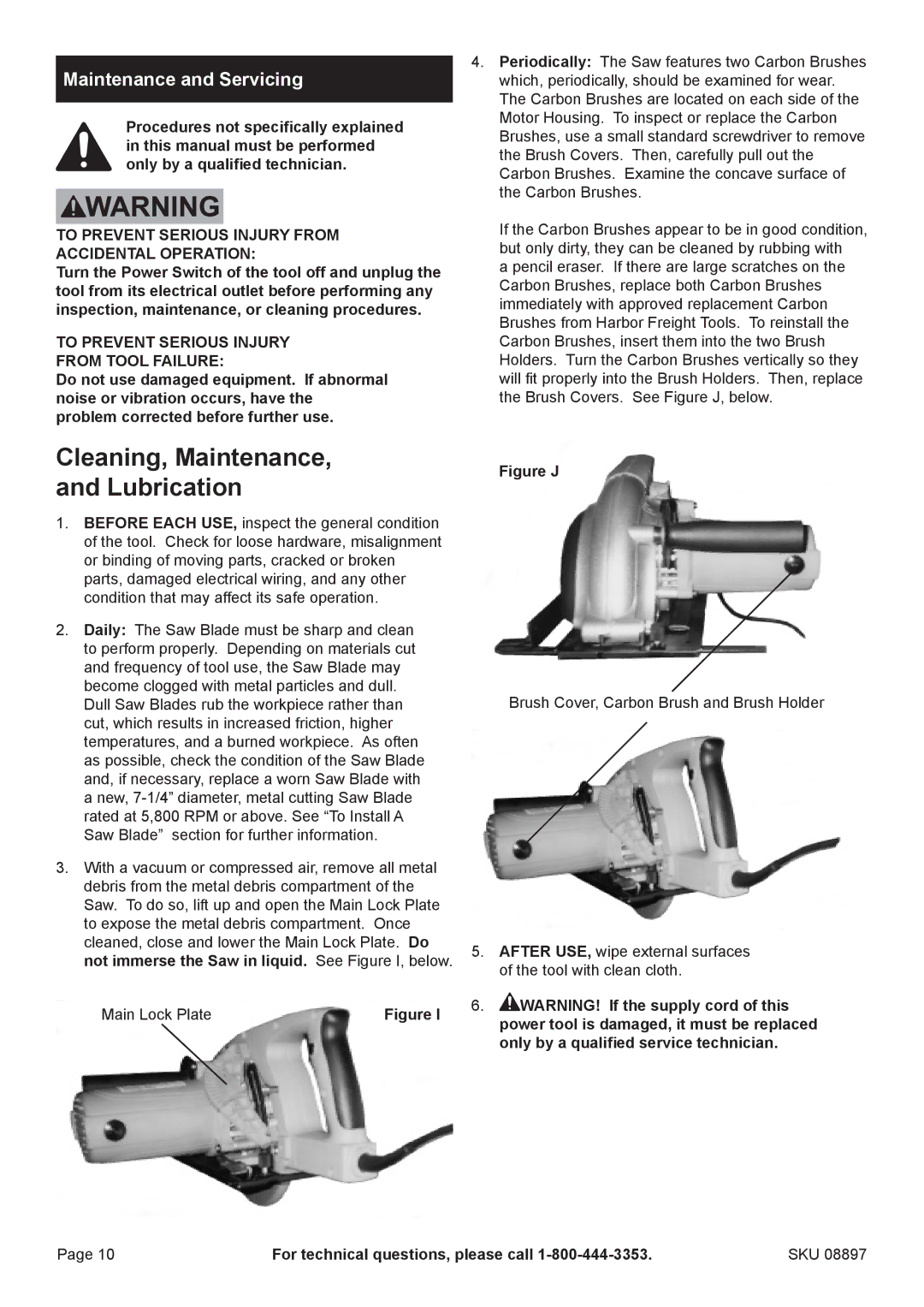 Chicago Electric 8897 manual Cleaning, Maintenance, and Lubrication, Maintenance and Servicing, Main Lock Plate 