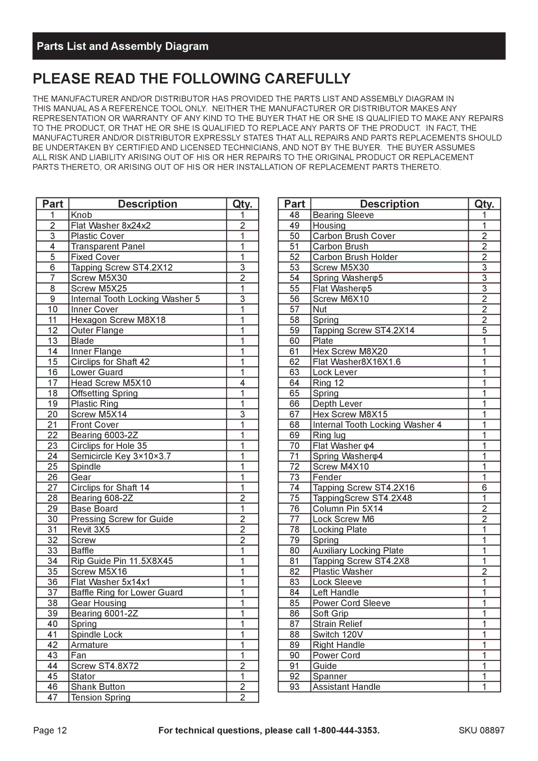 Chicago Electric 8897 manual Parts List and Assembly Diagram, Part Description Qty 