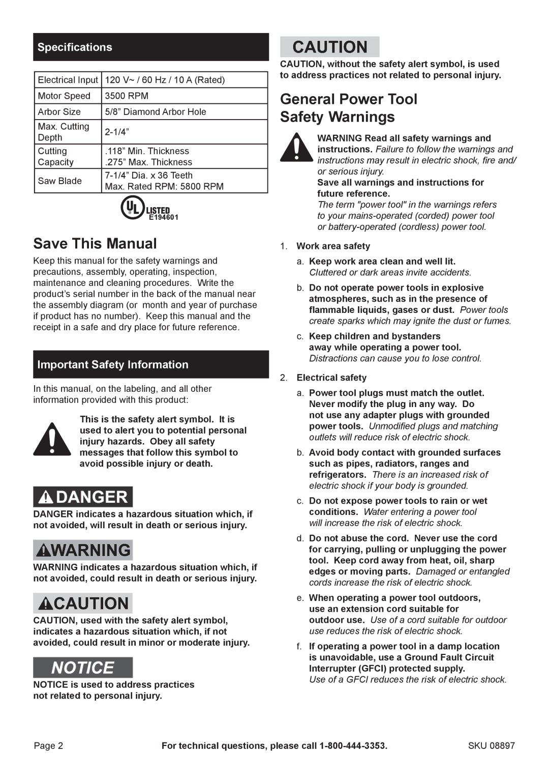 Chicago Electric 8897 Save This Manual, General Power Tool Safety Warnings, Specifications, Important Safety Information 