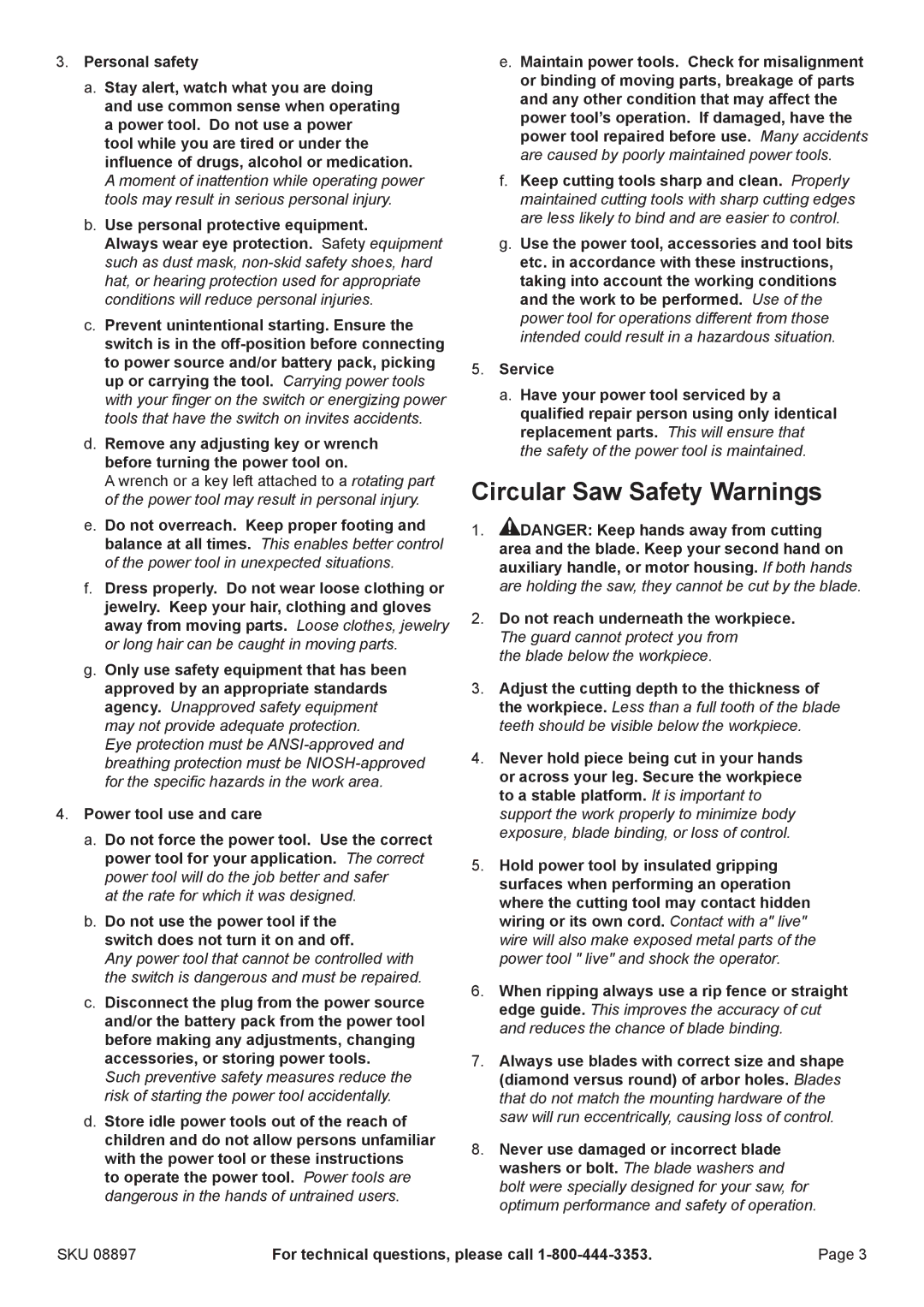 Chicago Electric 8897 manual Circular Saw Safety Warnings, Sku 