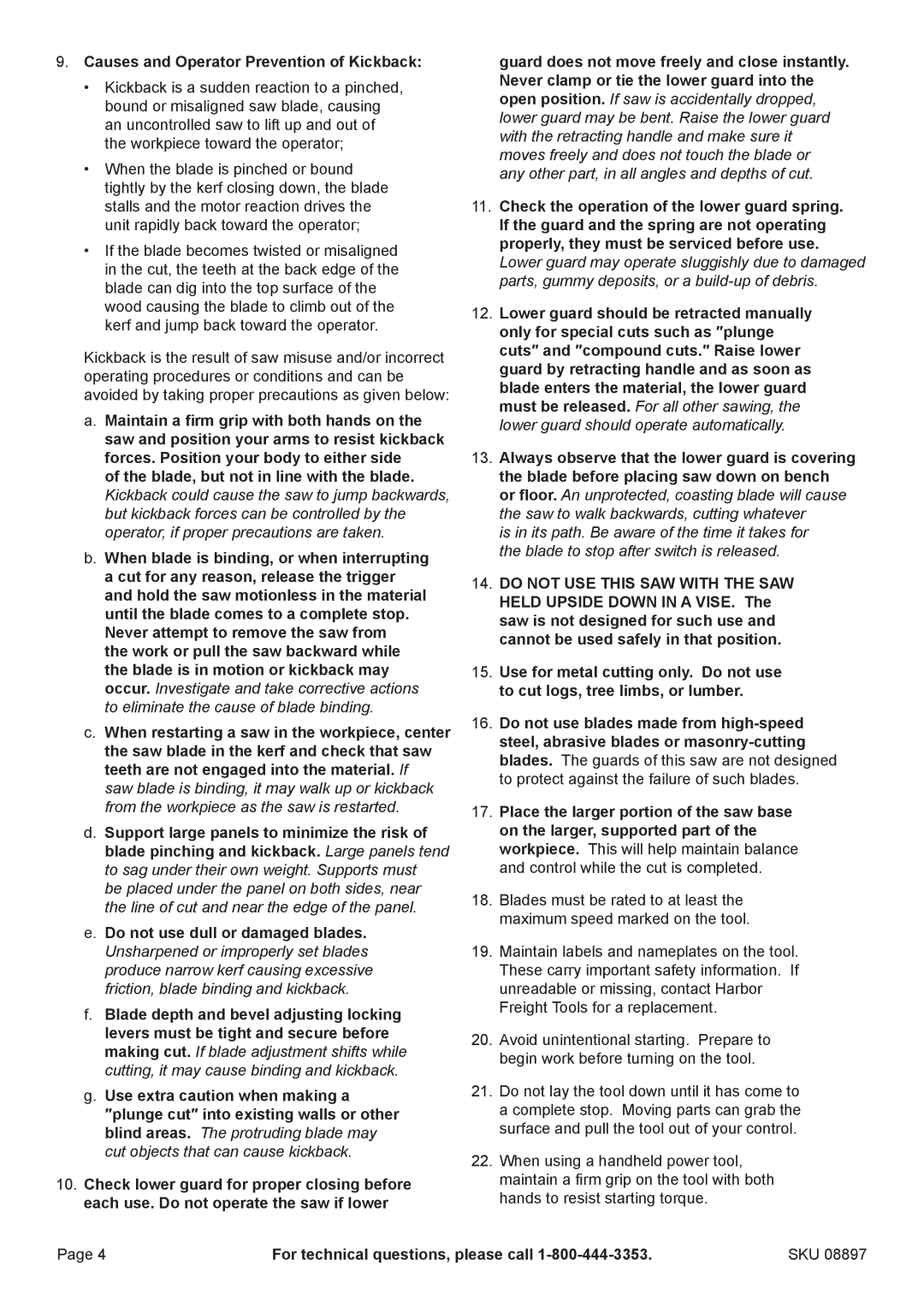 Chicago Electric 8897 manual Causes and Operator Prevention of Kickback, Do not use dull or damaged blades 