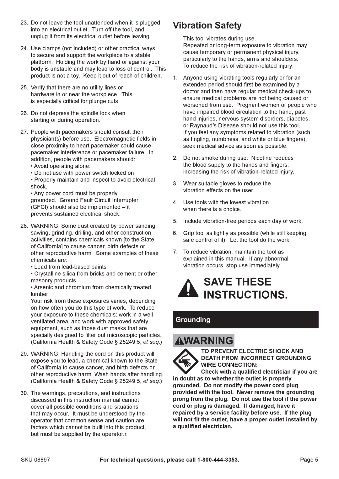 Chicago Electric 8897 manual Vibration Safety, Grounding 