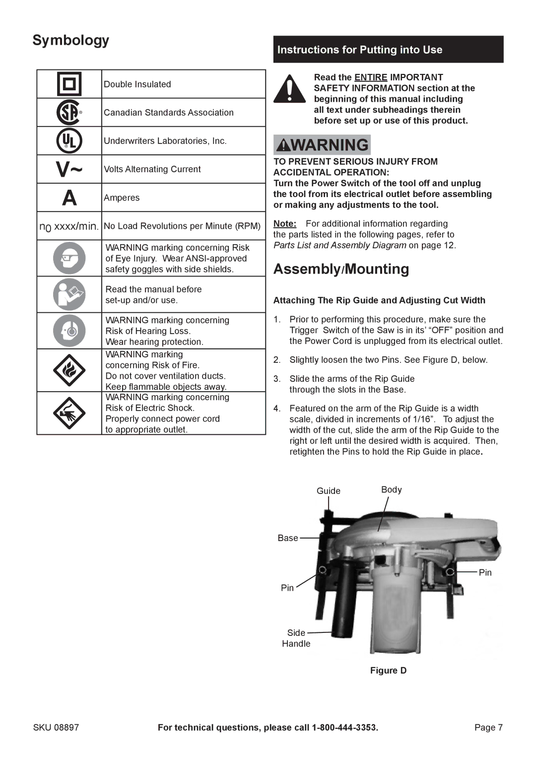 Chicago Electric 8897 manual Symbology, Assembly/Mounting, Instructions for Putting into Use 