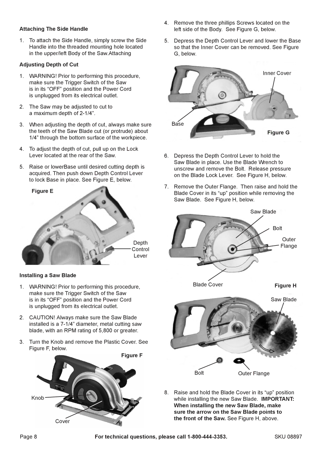 Chicago Electric 8897 manual Attaching The Side Handle, Adjusting Depth of Cut, Installing a Saw Blade 