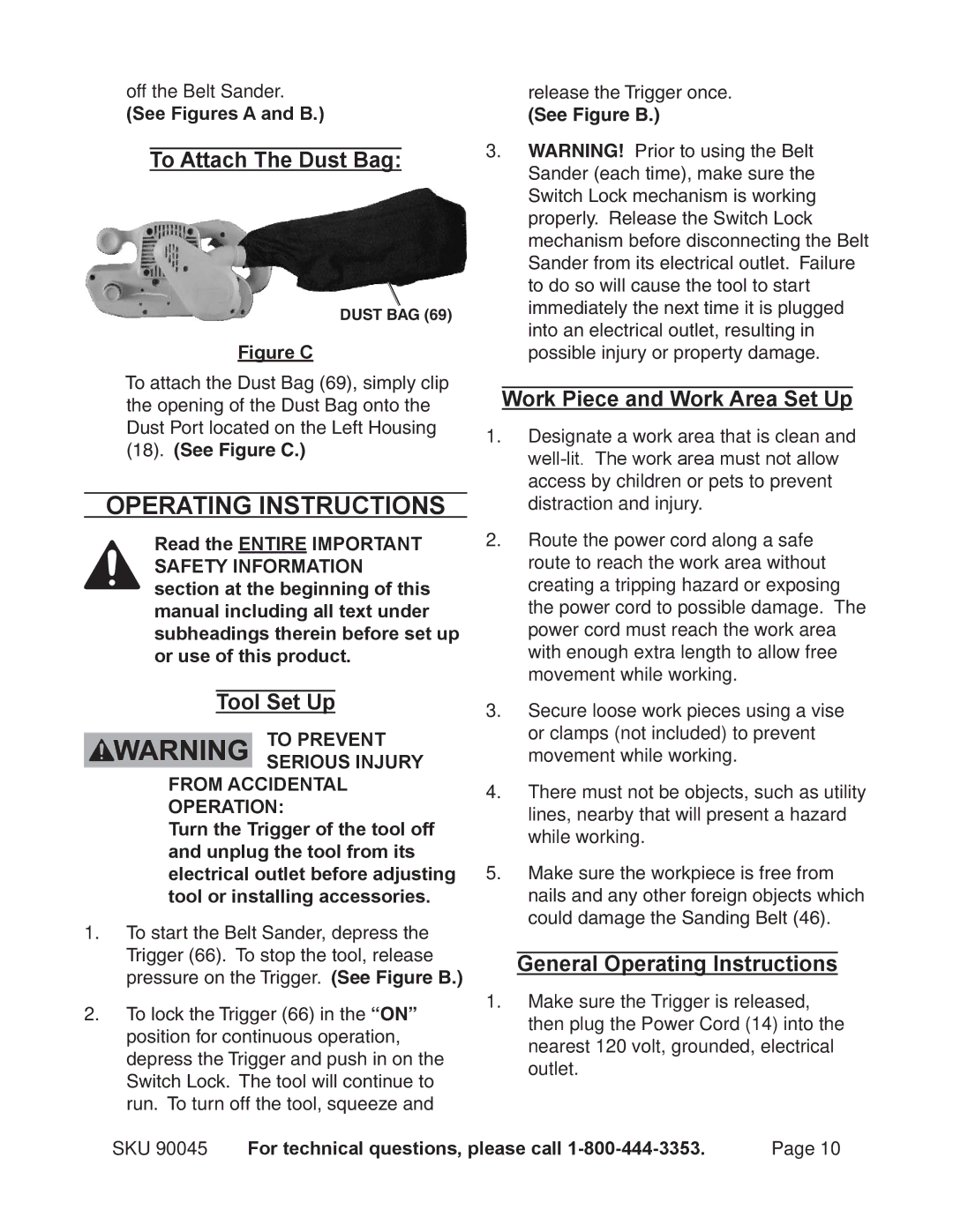 Chicago Electric 90045 Operating Instructions, To Attach The Dust Bag, Work Piece and Work Area Set Up, Tool Set Up 