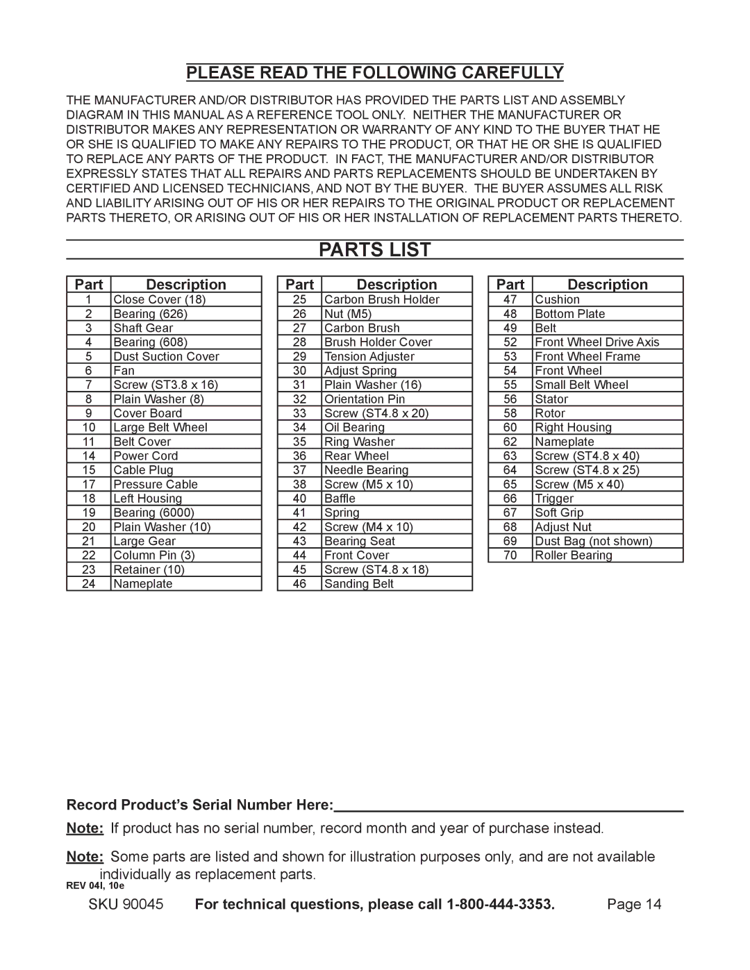 Chicago Electric 90045 operating instructions Parts List, Part Description, Record Product’s Serial Number Here 