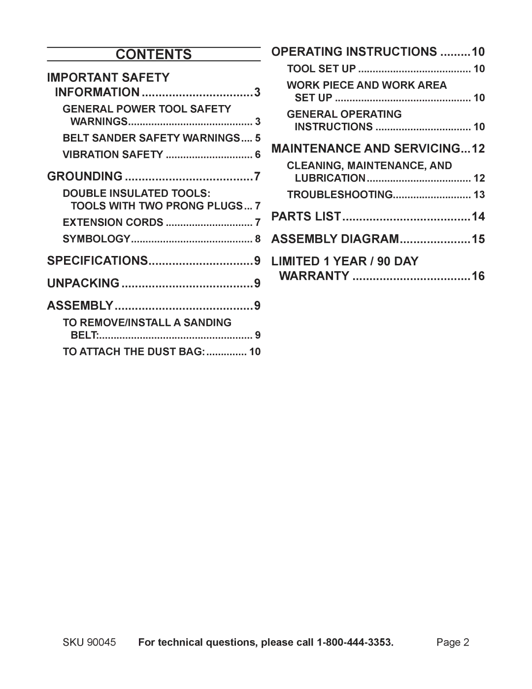 Chicago Electric 90045 operating instructions Contents 