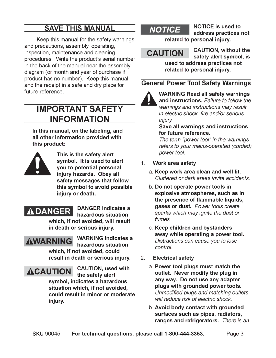 Chicago Electric 90045 operating instructions Save This Manual, General Power Tool Safety Warnings 