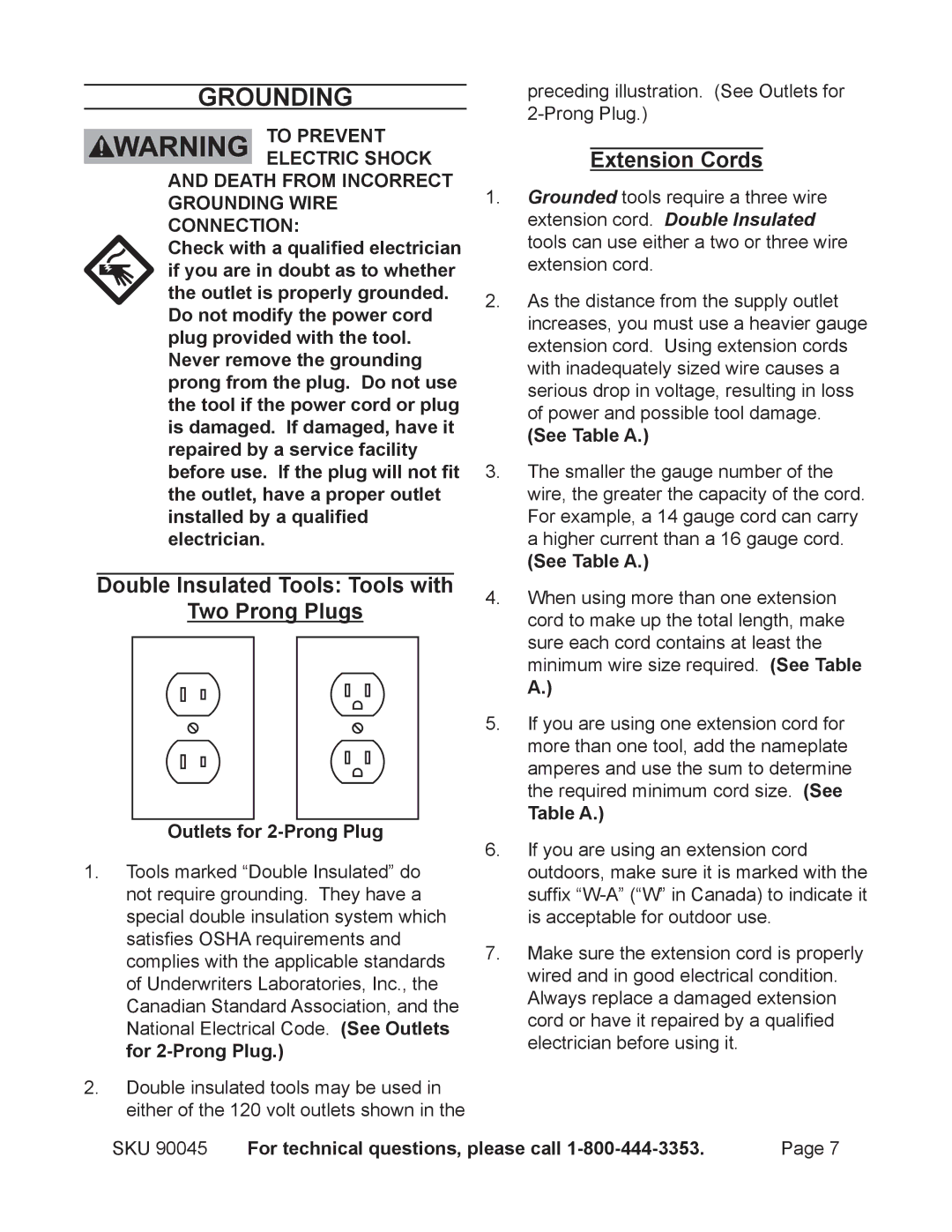 Chicago Electric 90045 operating instructions Grounding, Double Insulated Tools Tools with Two Prong Plugs, Extension Cords 