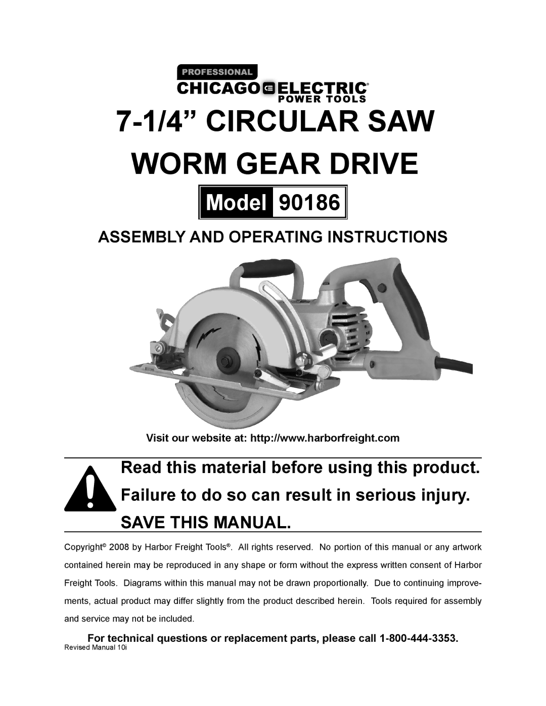 Chicago Electric 90186 operating instructions Circular SAW Worm Gear Drive 