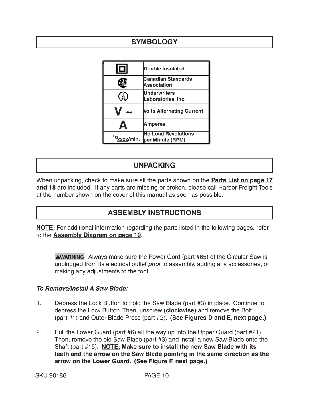 Chicago Electric 90186 operating instructions Symbology, Unpacking, Assembly Instructions 