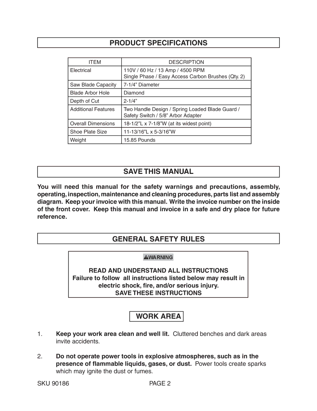 Chicago Electric 90186 operating instructions Product Specifications, Save this Manual, General Safety Rules, Work Area 