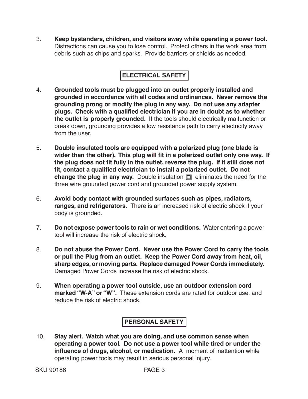 Chicago Electric 90186 operating instructions Electrical Safety, Personal Safety 