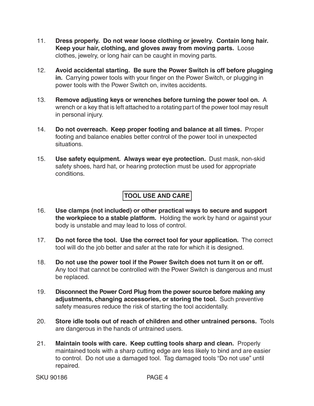 Chicago Electric 90186 operating instructions Tool USE and Care 