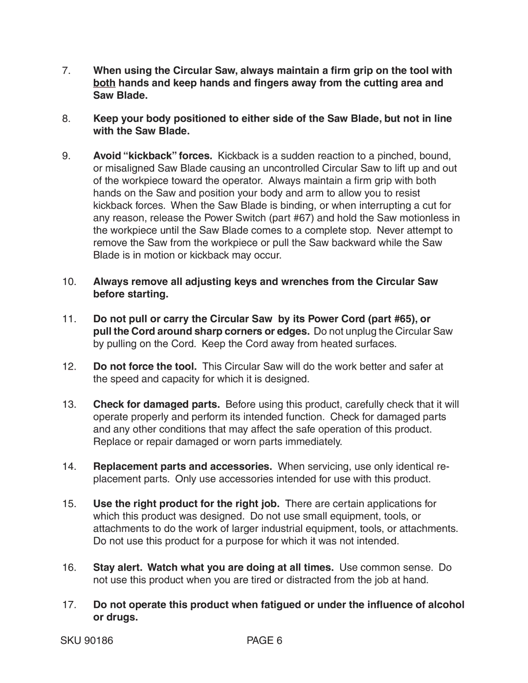 Chicago Electric 90186 operating instructions Sku 