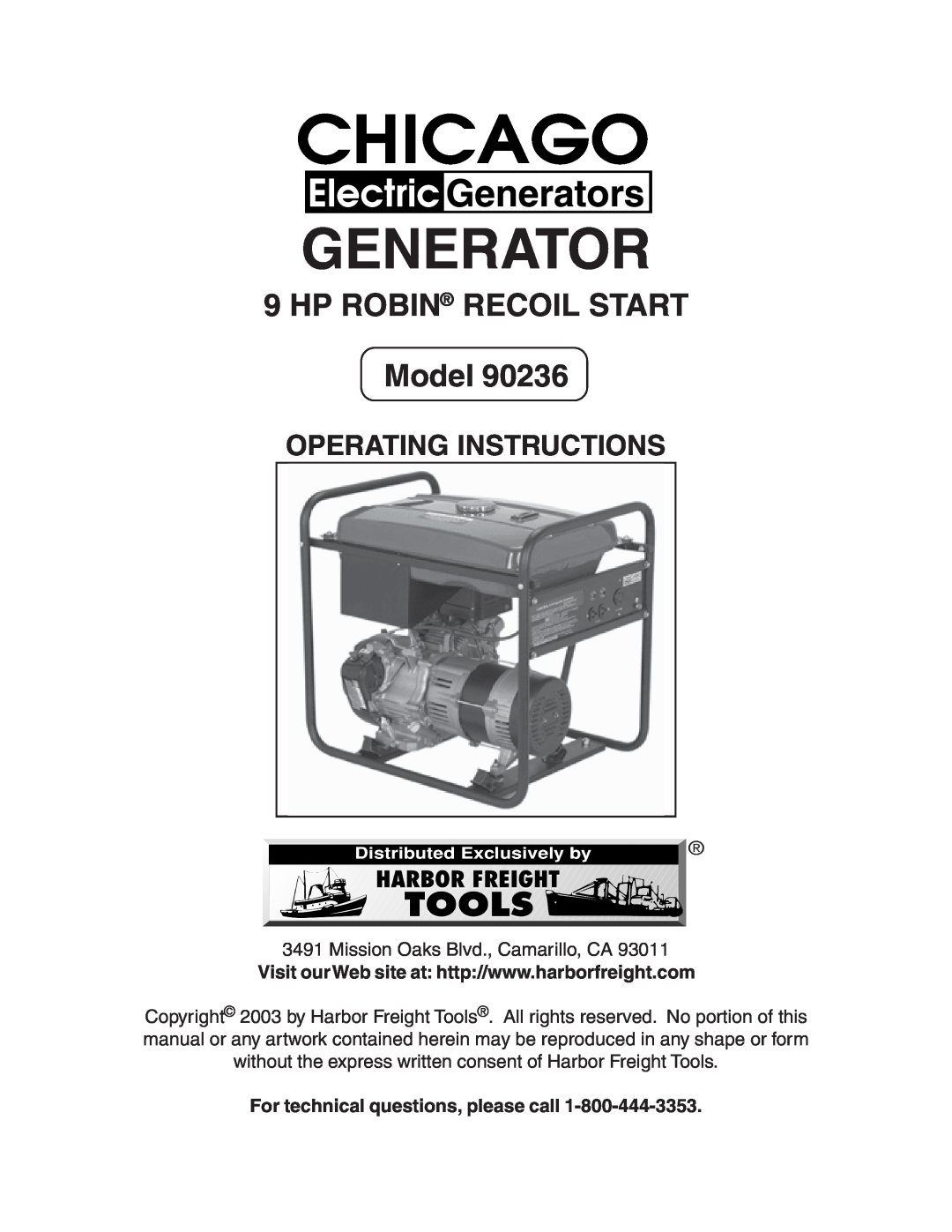 Chicago Electric 90236 manual For technical questions, please call, Generators, HP ROBIN RECOIL START Model 