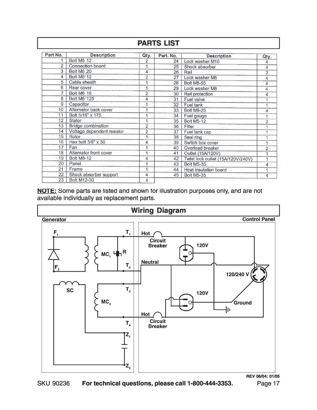 Chicago Electric 90236 manual Parts List, Wiring Diagram, For technical questions, please call, Page, REV 06/04 01/05 
