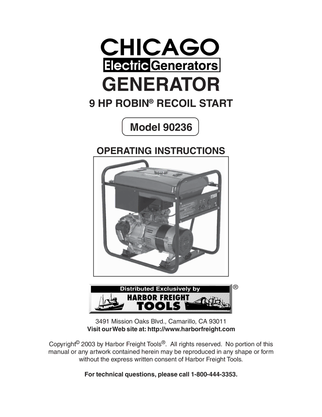 Chicago Electric 90236 manual Generator, For technical questions, please call 