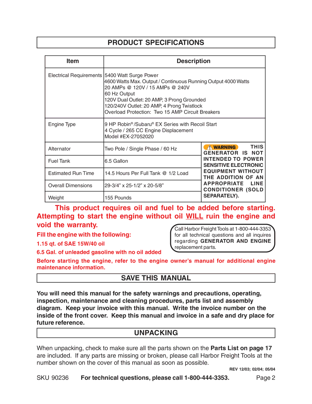 Chicago Electric 90236 manual Product Specifications, Save this Manual, Unpacking, Description 