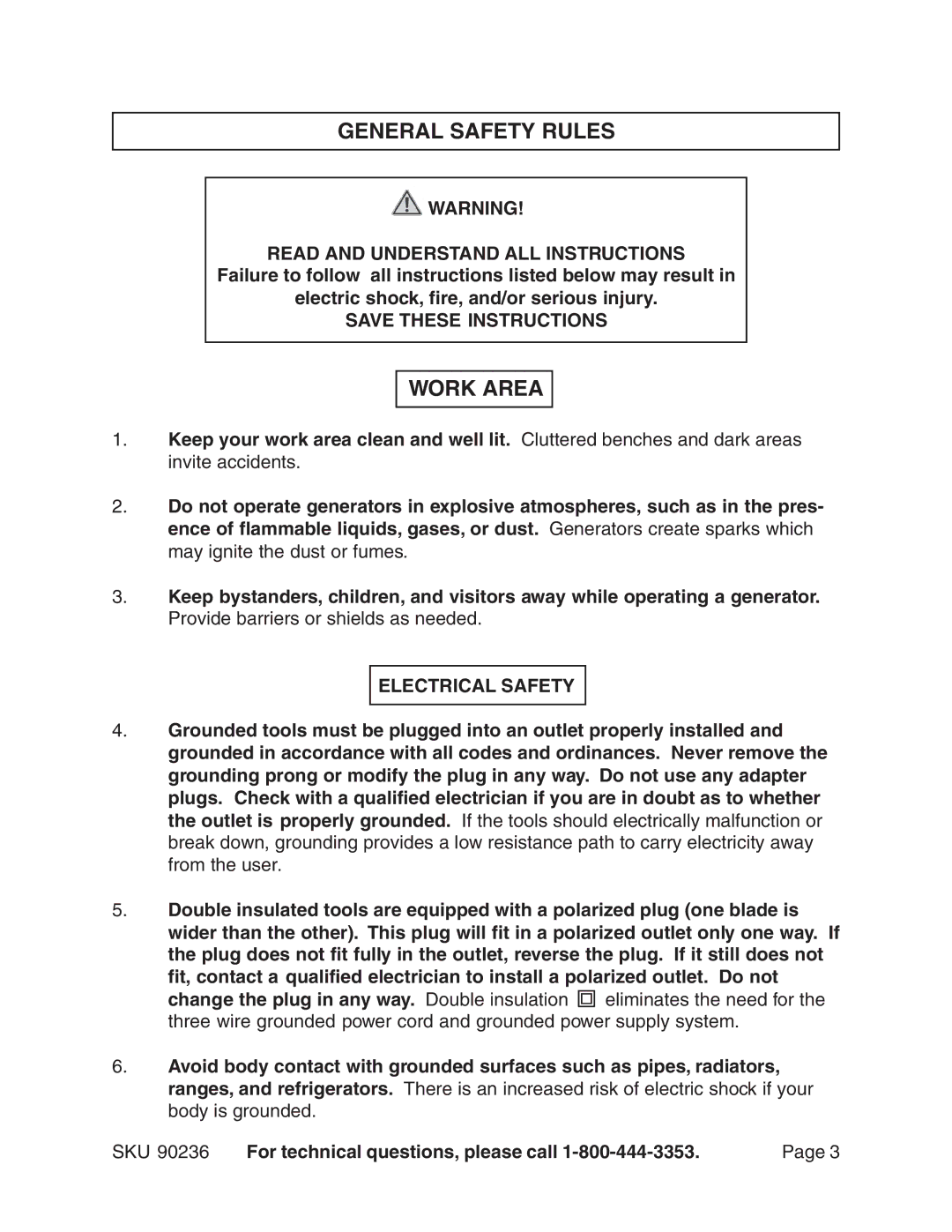 Chicago Electric 90236 manual General Safety Rules, Work Area 