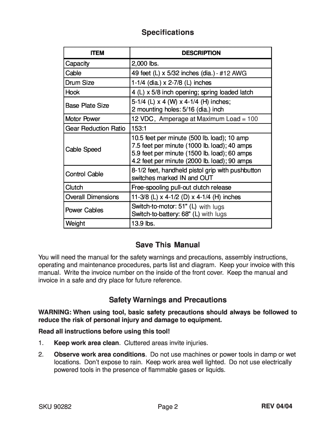 Chicago Electric 90282 manual Specifications, Save This Manual, Safety Warnings and Precautions, REV 04/04 