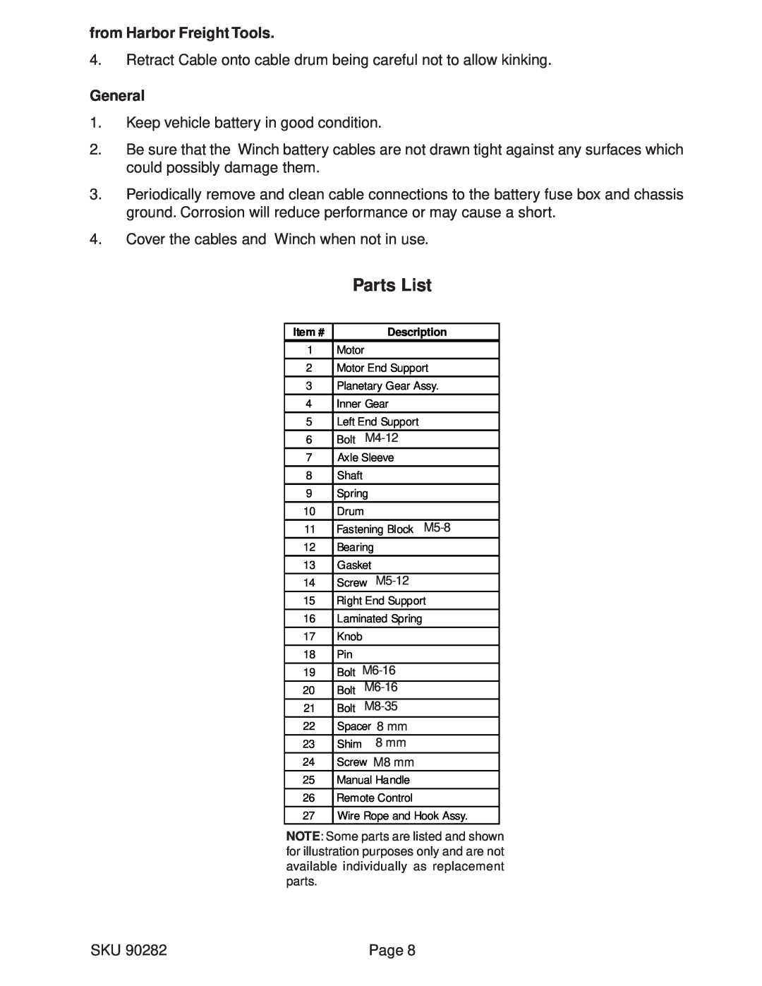 Chicago Electric 90282 manual Parts List, from Harbor Freight Tools, General 