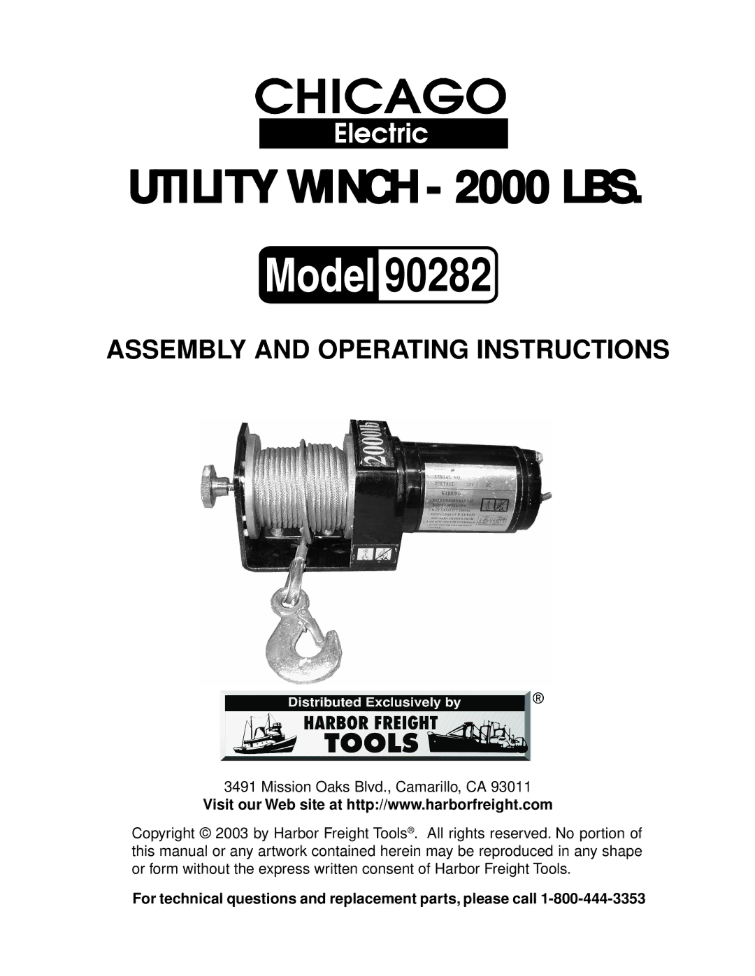 Chicago Electric 90282 manual For technical questions and replacement parts, please call 