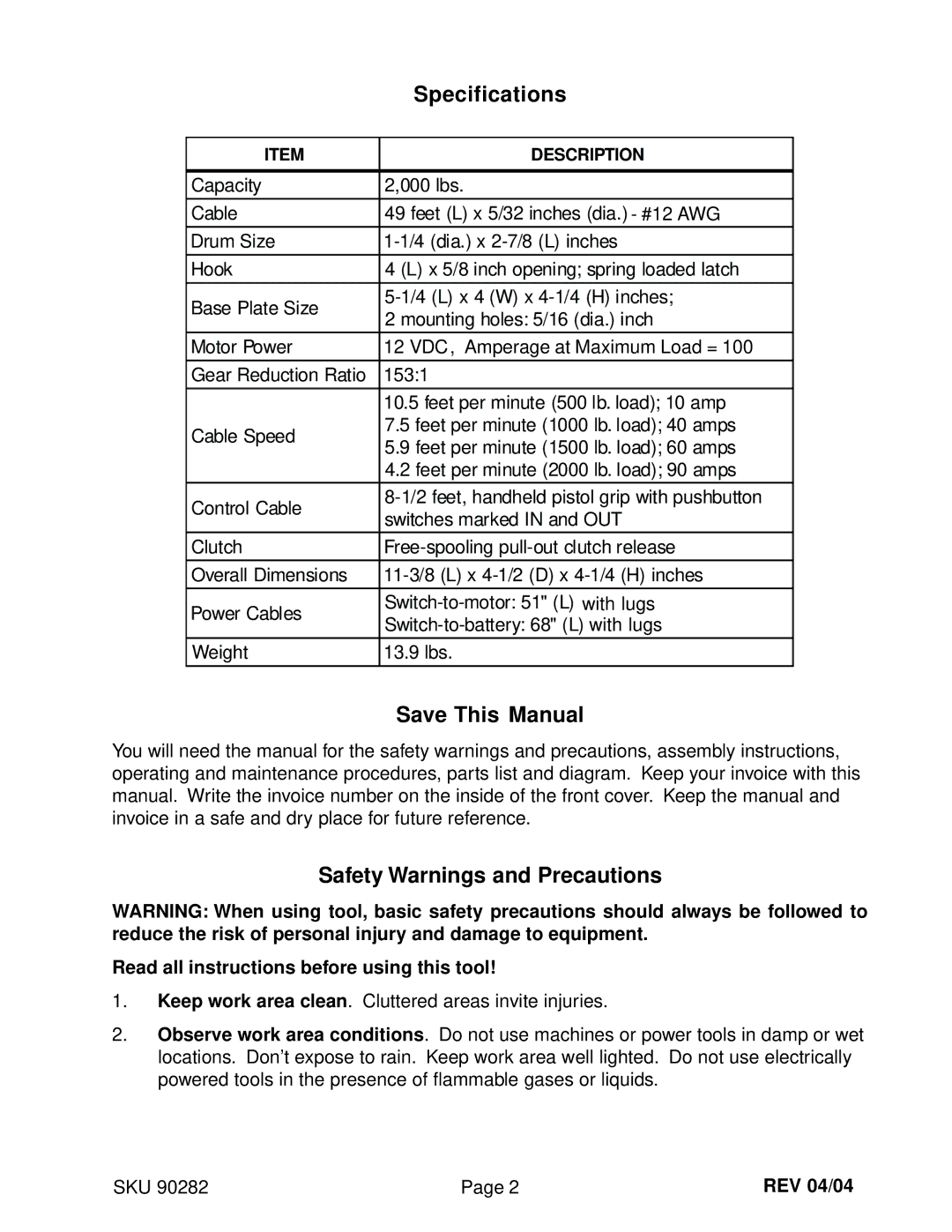 Chicago Electric 90282 manual Specifications, Save This Manual, Safety Warnings and Precautions, REV 04/04 