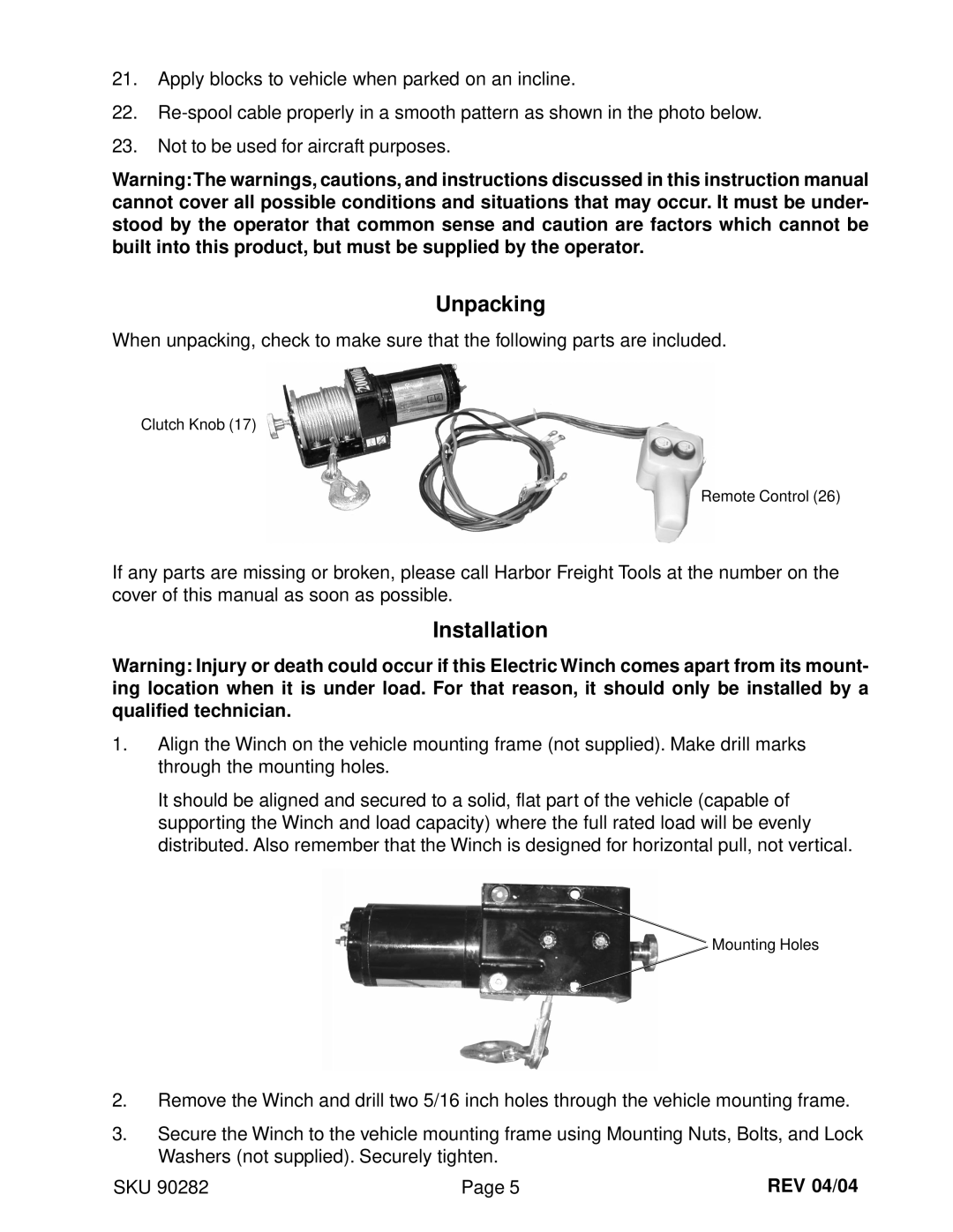 Chicago Electric 90282 manual Unpacking, Installation 