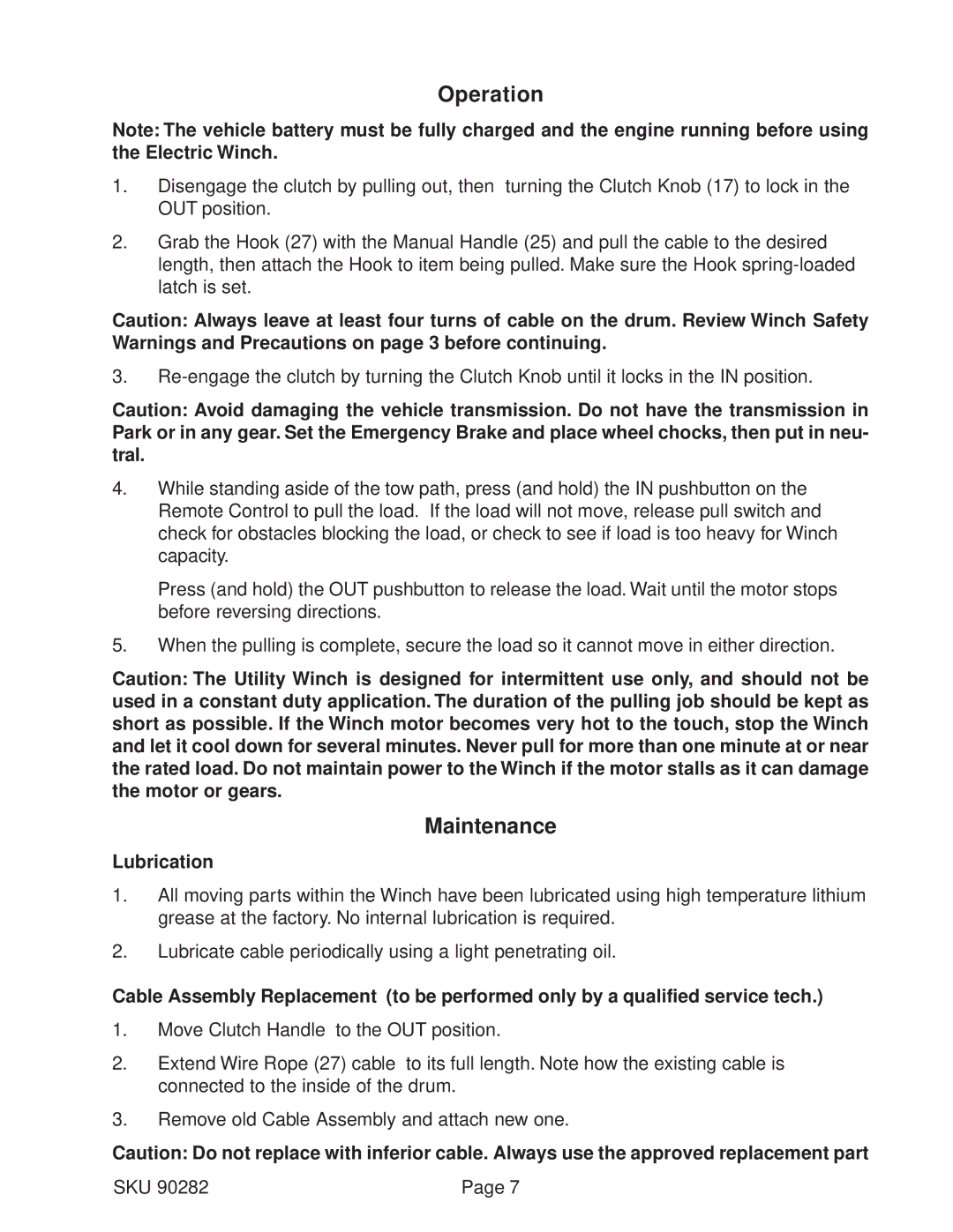 Chicago Electric 90282 manual Operation, Maintenance, Lubrication 