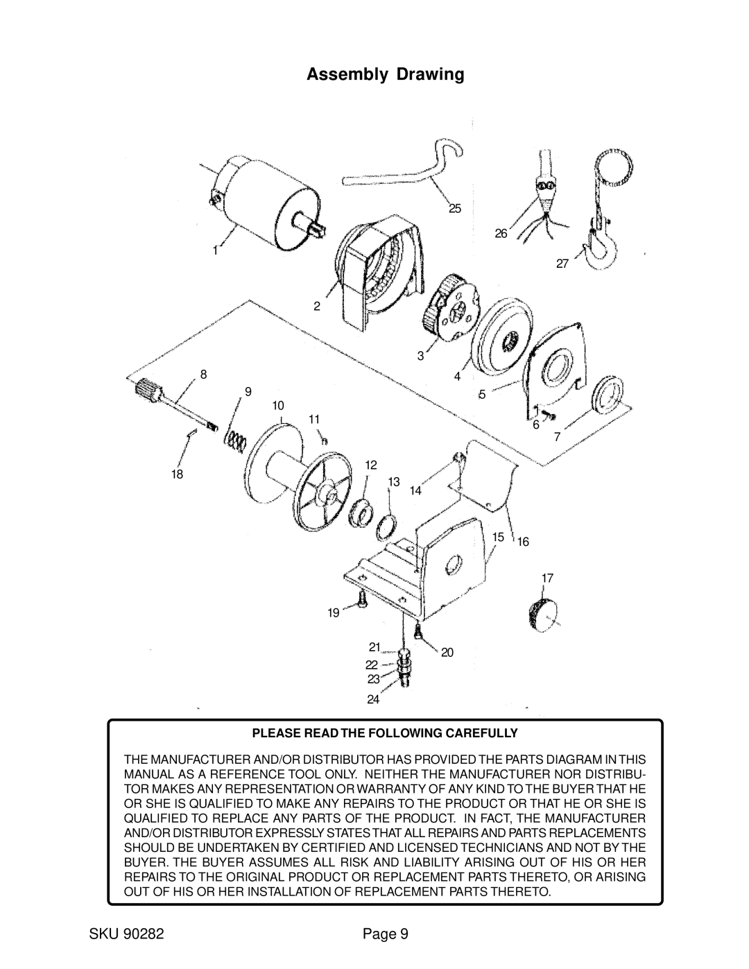 Chicago Electric 90282 manual Assembly Drawing, Please Read the Following Carefully 