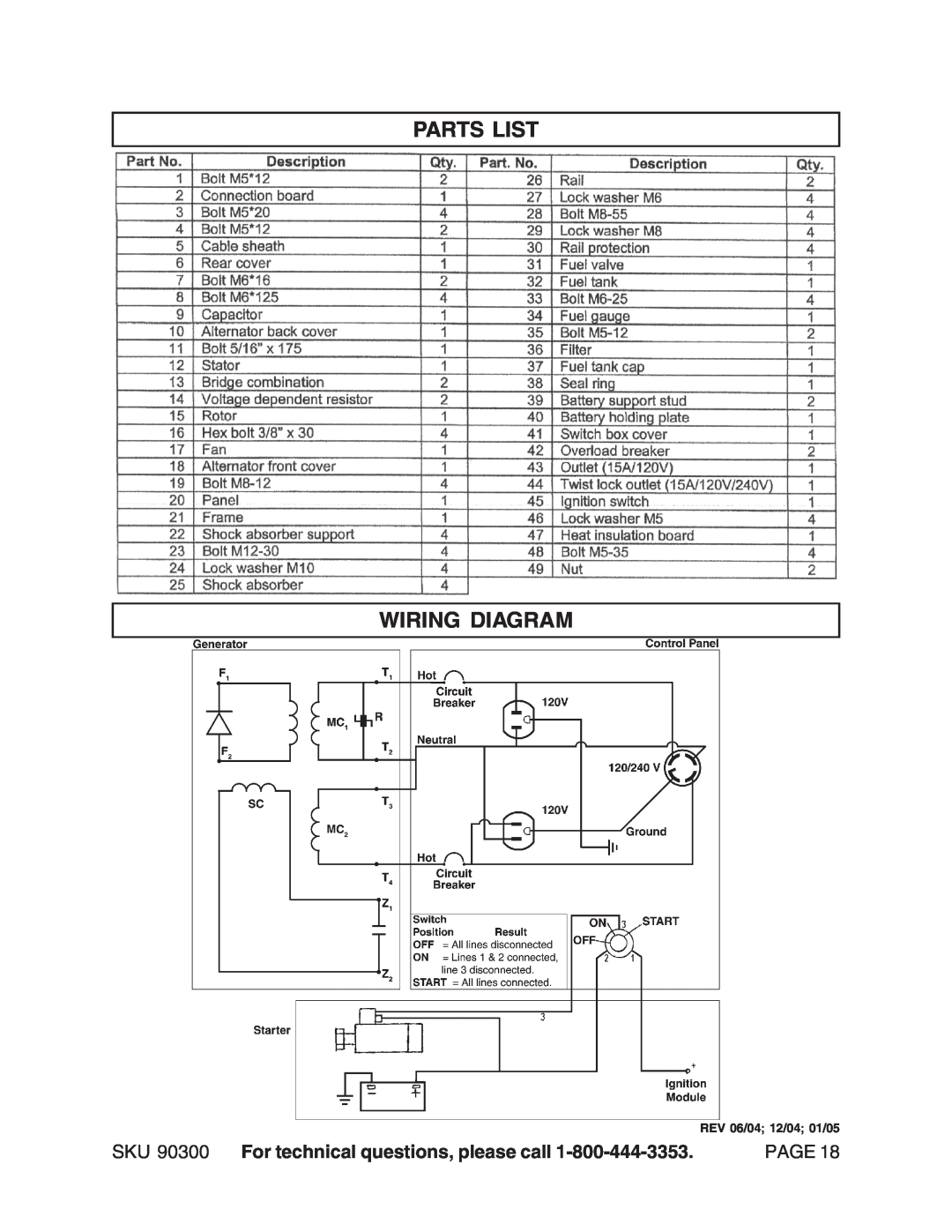 Chicago Electric Parts List Wiring Diagram, SKU 90300 For technical questions, please call, Page, REV 06/04 12/04 01/05 