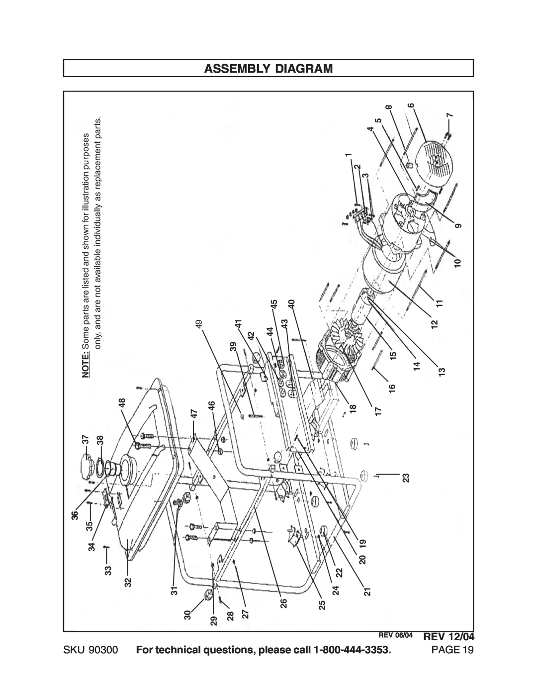 Chicago Electric 90300 manual Assembly Diagram, REV 12/04, For technical questions, please call, Page, 12 13 7, REV 06/04 