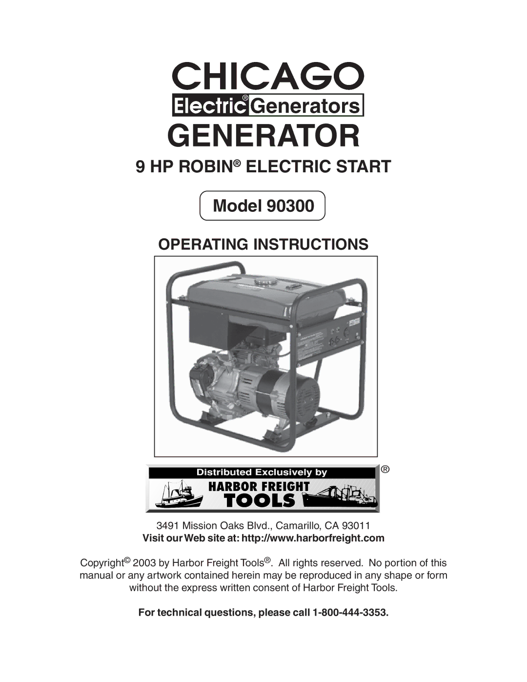 Chicago Electric 90300 manual Generator, For technical questions, please call 