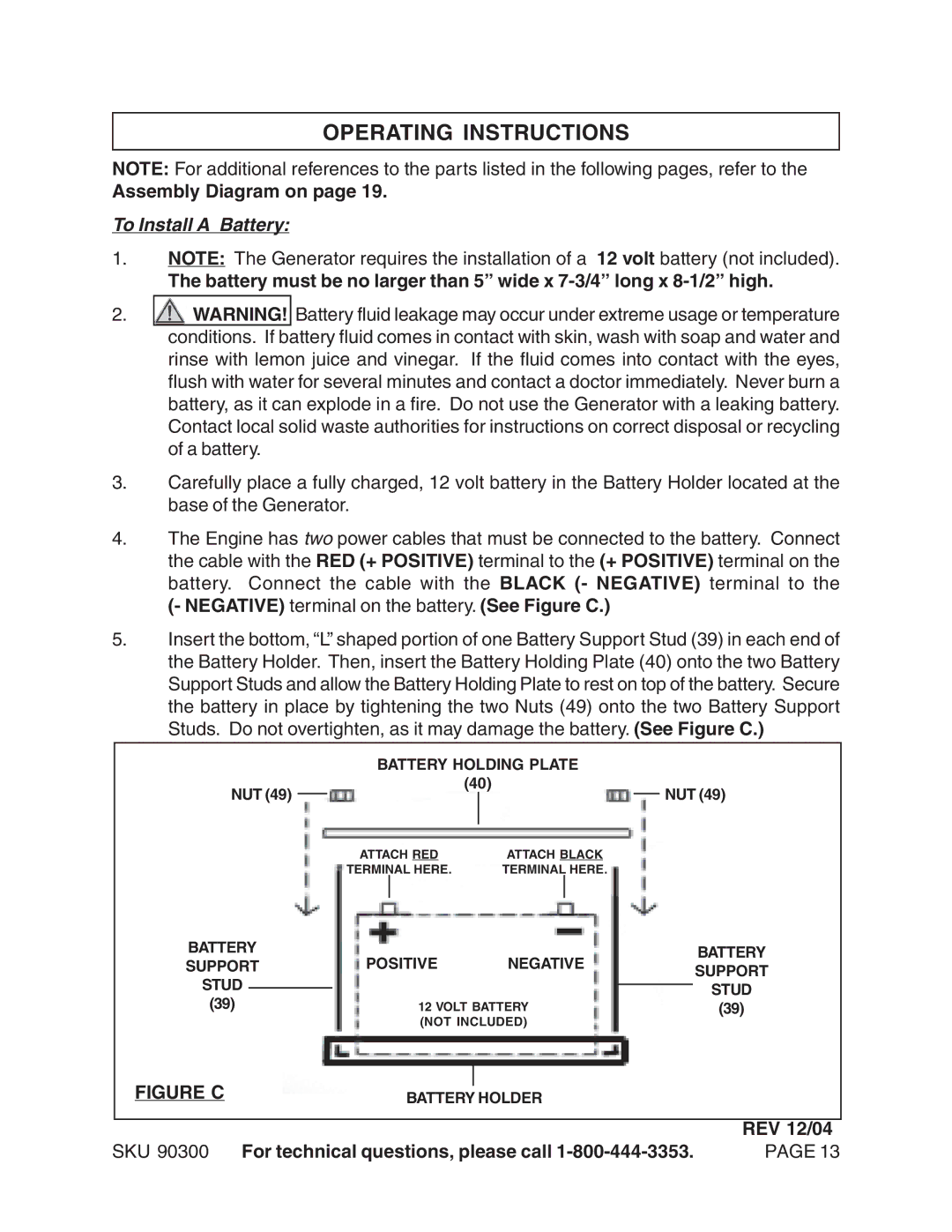 Chicago Electric 90300 manual Operating Instructions, Assembly Diagram on, To Install a Battery, REV 12/04 