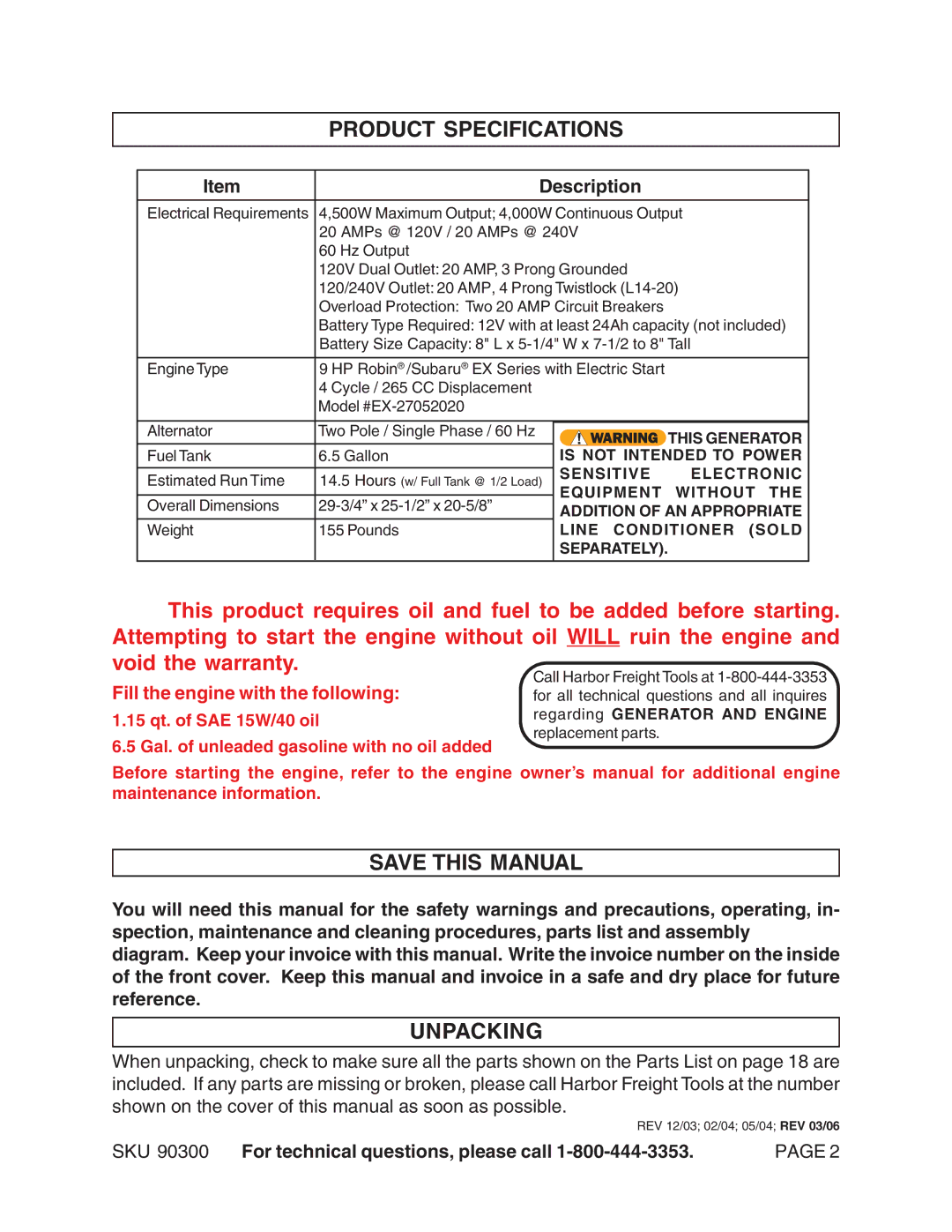 Chicago Electric 90300 manual Product Specifications, Save this Manual, Unpacking, Description 