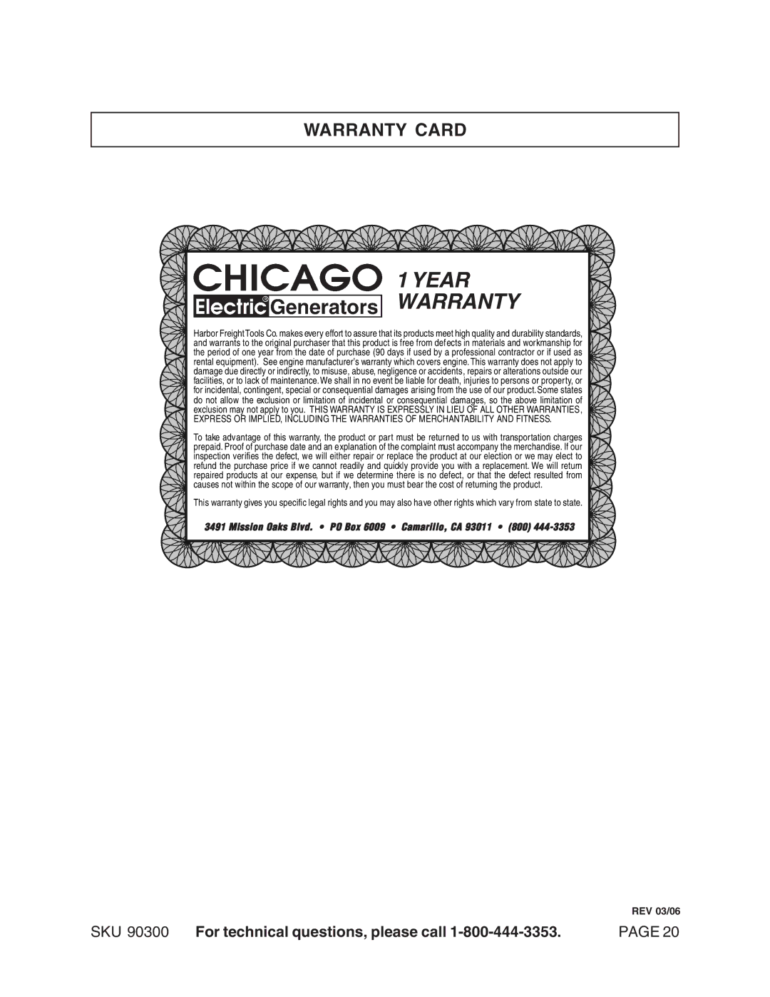 Chicago Electric 90300 manual Year Warranty, Warranty Card 